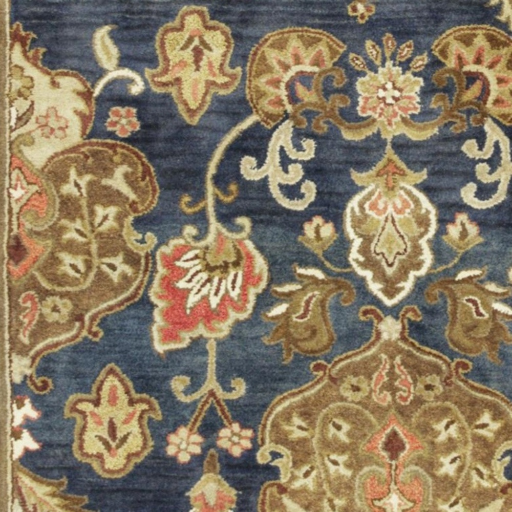 7' Navy Blue Orange And Brown Wool Medallion Hand Tufted Runner Rug-Area Rugs-DECOROLALA