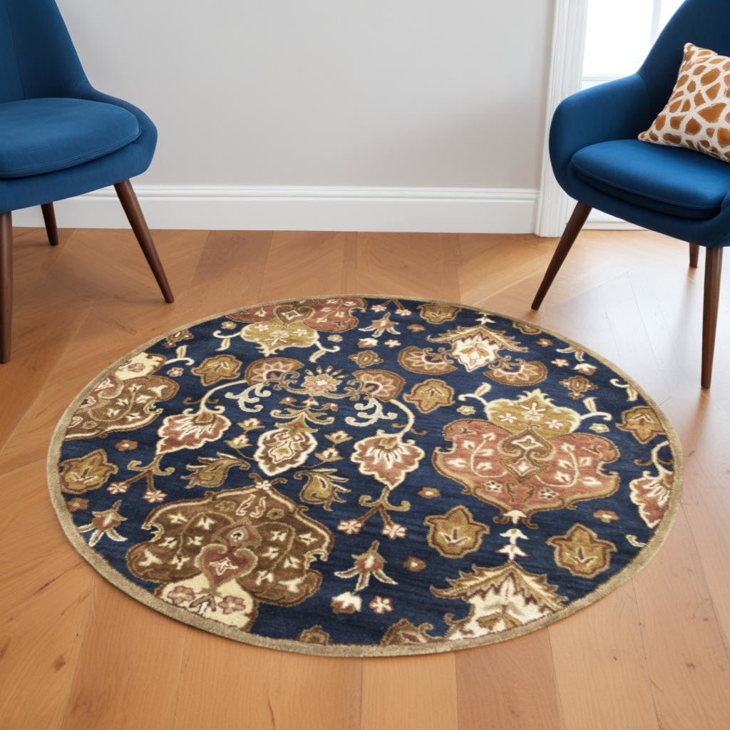 7' Navy Blue Orange And Brown Wool Medallion Hand Tufted Runner Rug-Area Rugs-DECOROLALA