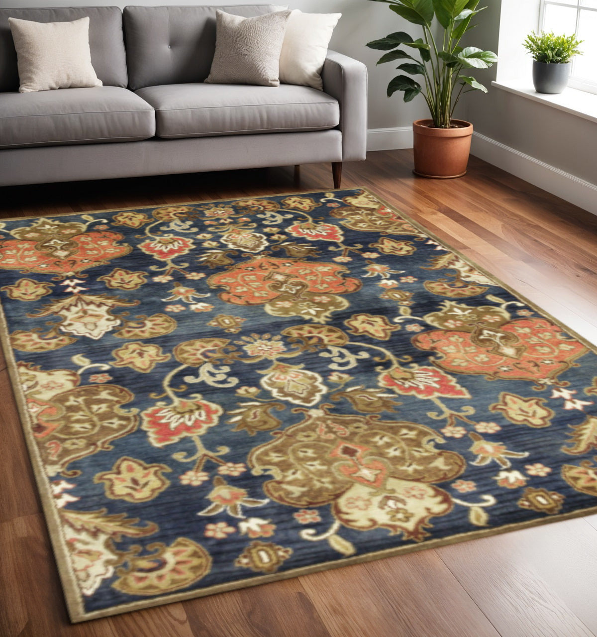7' Navy Blue Orange And Brown Wool Medallion Hand Tufted Runner Rug-Area Rugs-DECOROLALA