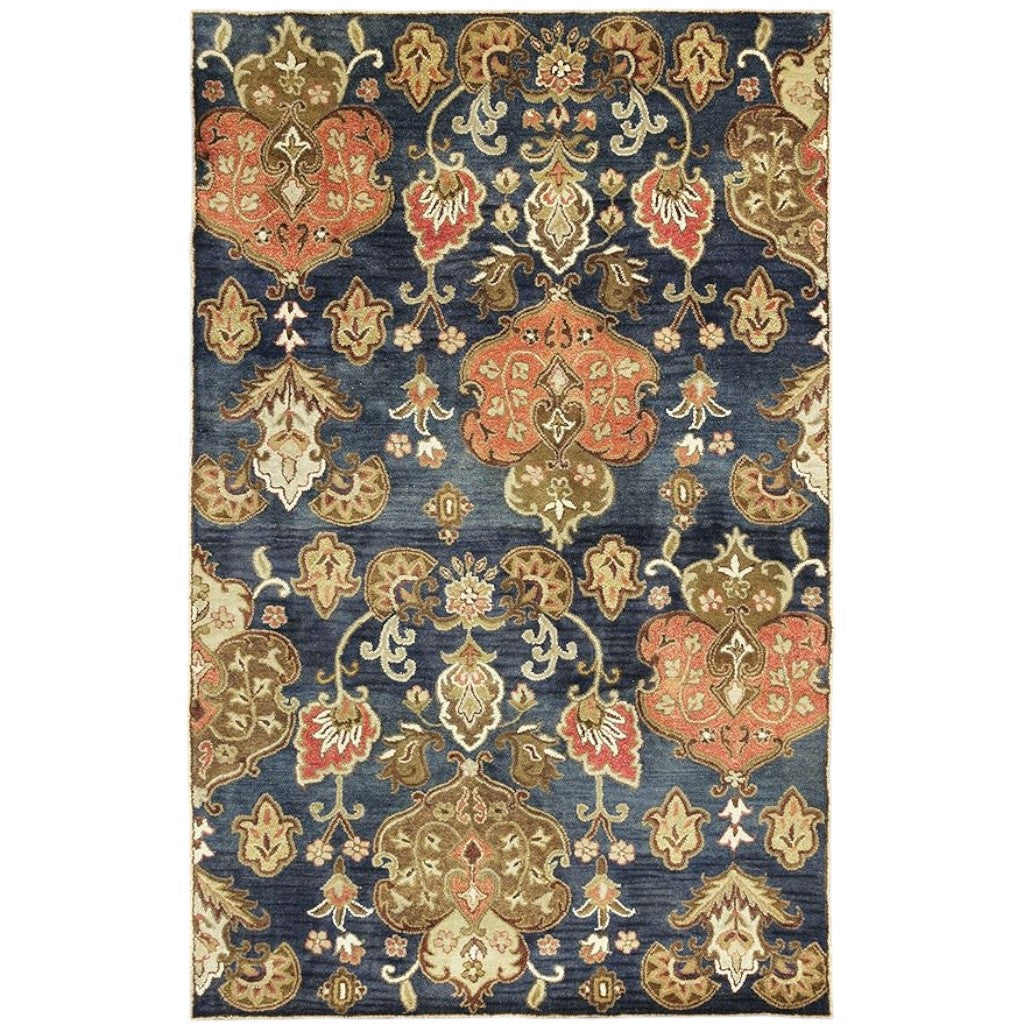 7' Navy Blue Orange And Brown Wool Medallion Hand Tufted Runner Rug-Area Rugs-DECOROLALA