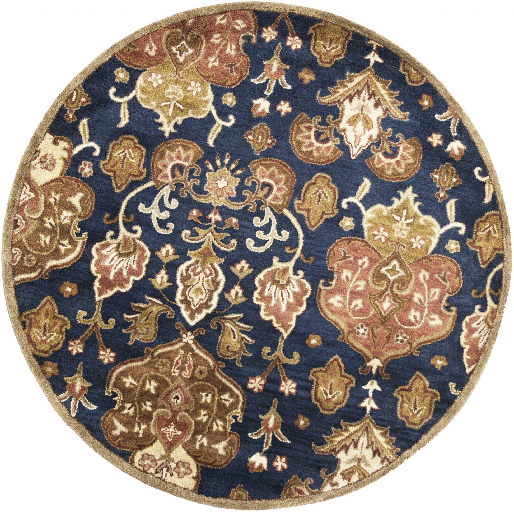 7' Navy Blue Orange And Brown Wool Medallion Hand Tufted Runner Rug-Area Rugs-DECOROLALA