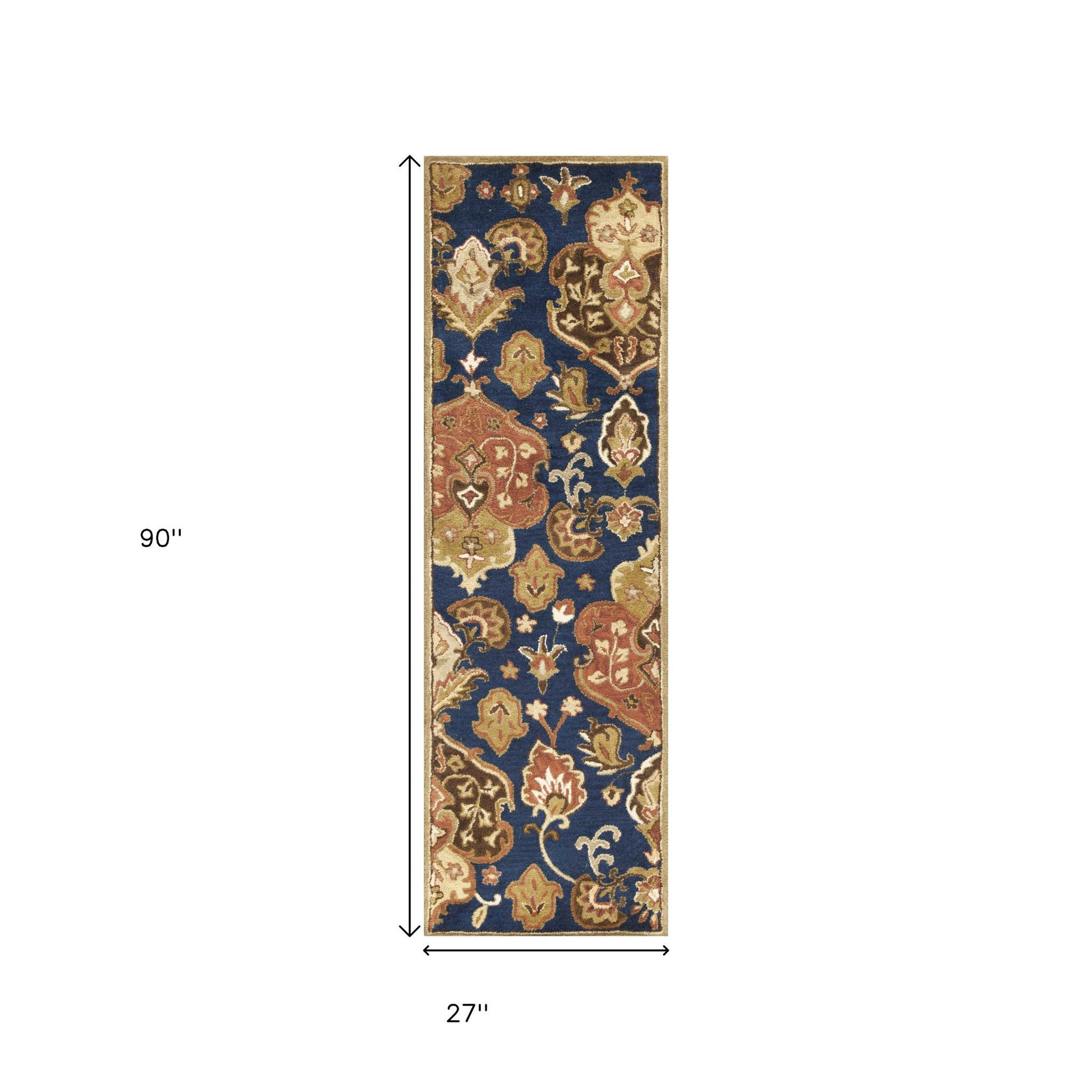 7' Navy Blue Orange And Brown Wool Medallion Hand Tufted Runner Rug-Area Rugs-DECOROLALA