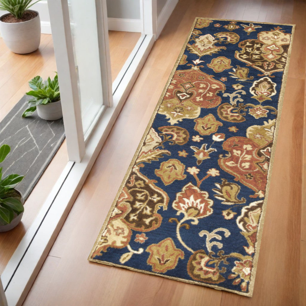 7' Navy Blue Orange And Brown Wool Medallion Hand Tufted Runner Rug-Area Rugs-DECOROLALA