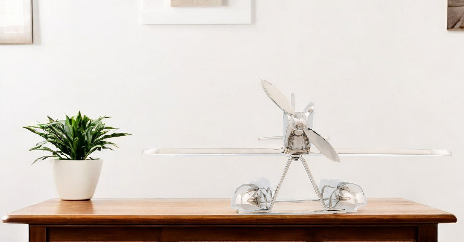 7" Nickel Metal Hand Painted Model Airplane Tabletop Sculpture-Sculptures-DECOROLALA