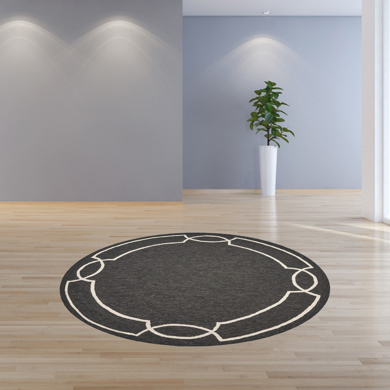 7' Onyx And Ivory Round Geometric Handmade Indoor Outdoor Area Rug-Outdoor Rugs-DECOROLALA