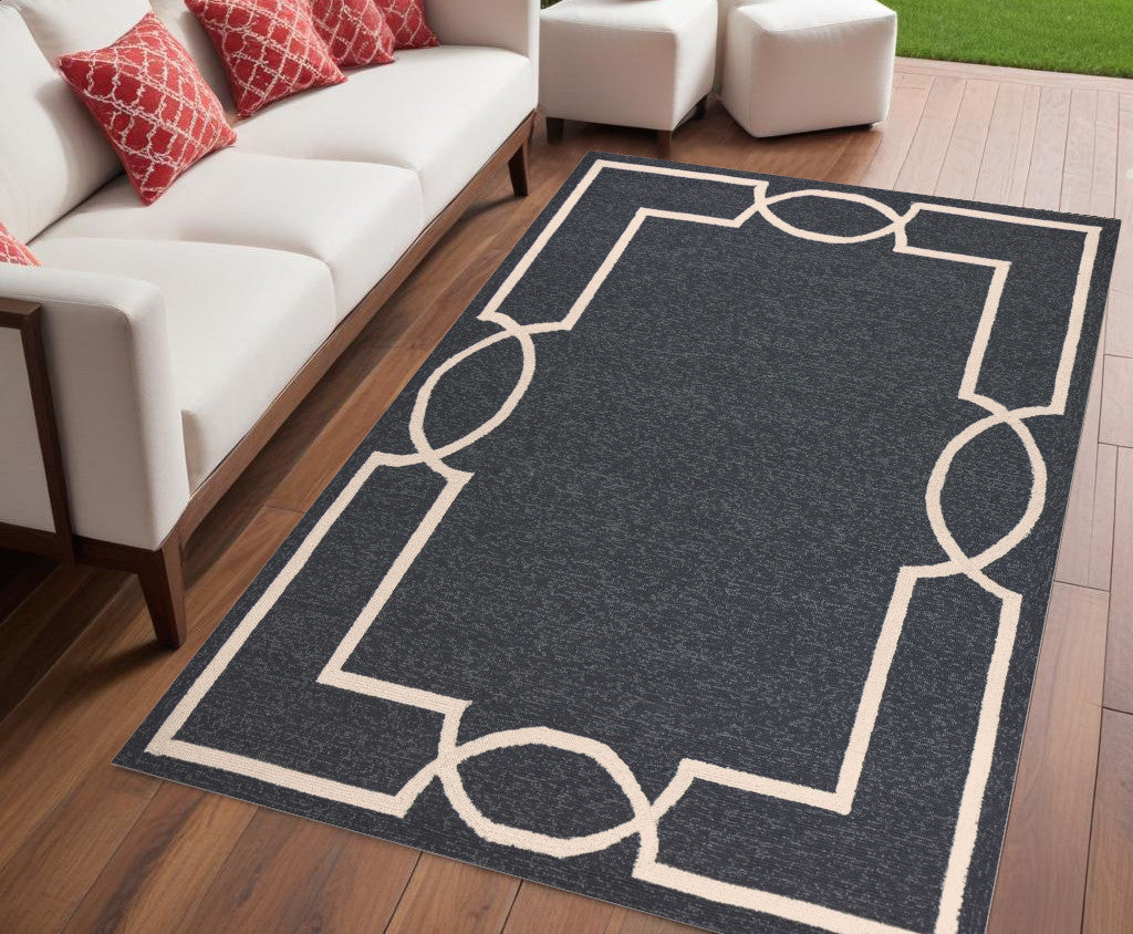 7' Onyx And Ivory Round Geometric Handmade Indoor Outdoor Area Rug-Outdoor Rugs-DECOROLALA