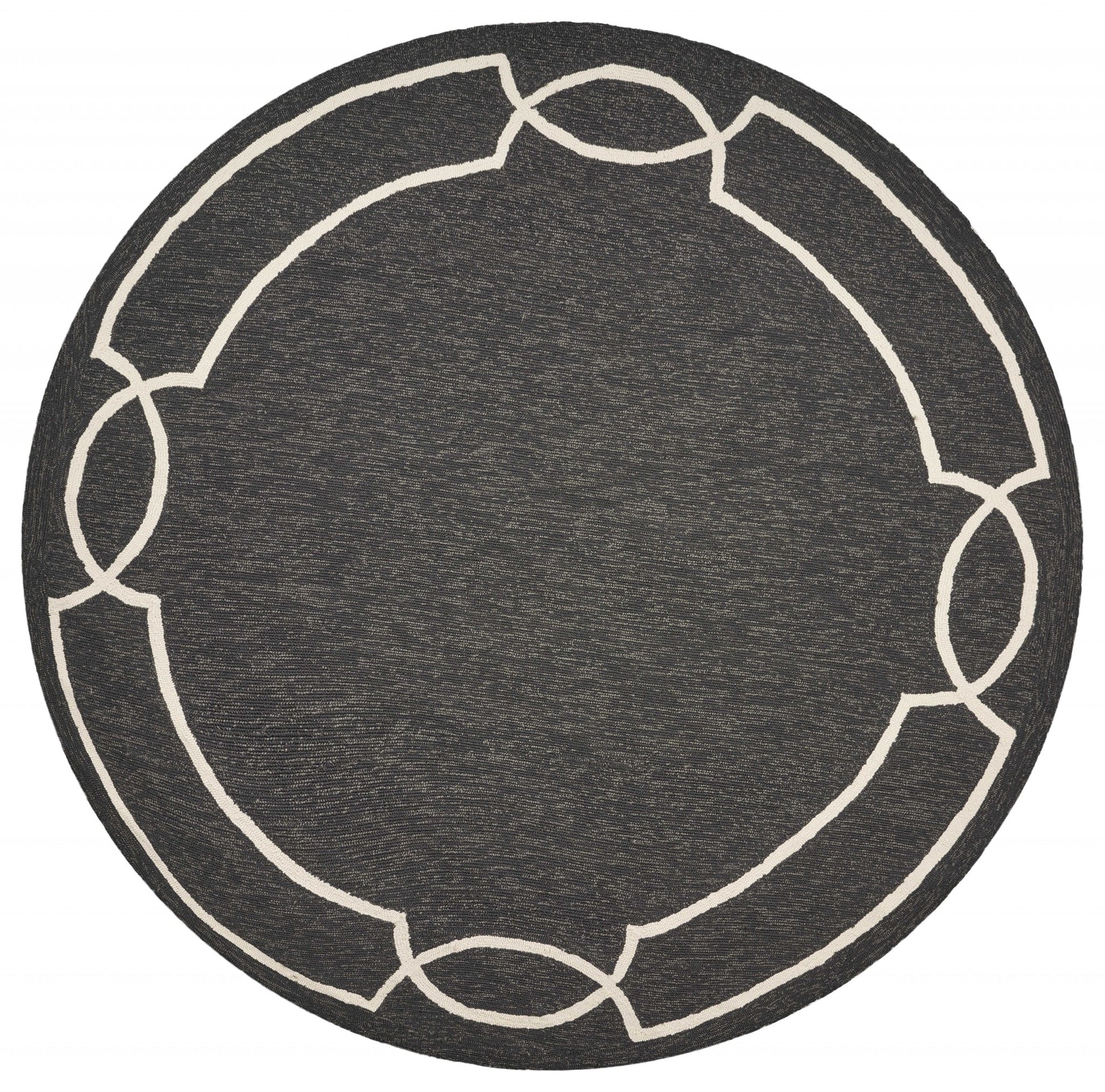 7' Onyx And Ivory Round Geometric Handmade Indoor Outdoor Area Rug-Outdoor Rugs-DECOROLALA