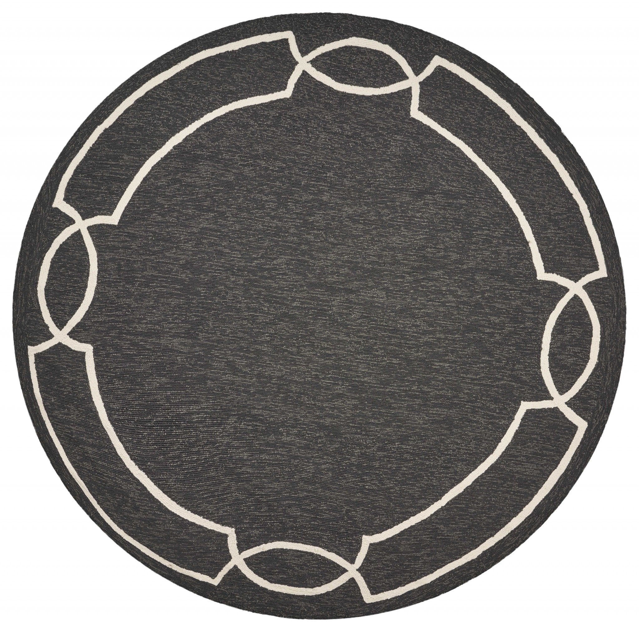 7' Onyx And Ivory Round Geometric Handmade Indoor Outdoor Area Rug-Outdoor Rugs-DECOROLALA