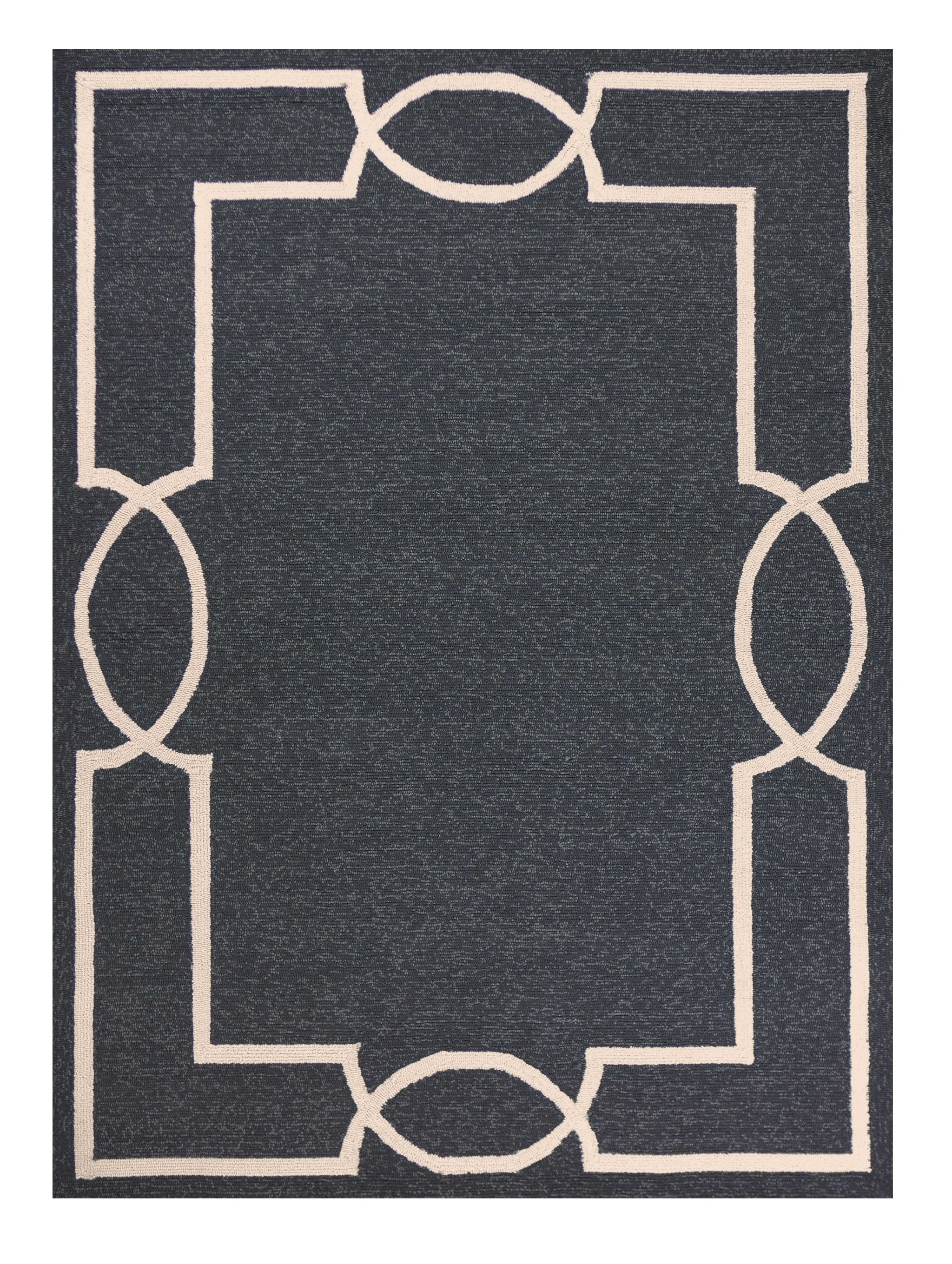 7' Onyx And Ivory Round Geometric Handmade Indoor Outdoor Area Rug-Outdoor Rugs-DECOROLALA