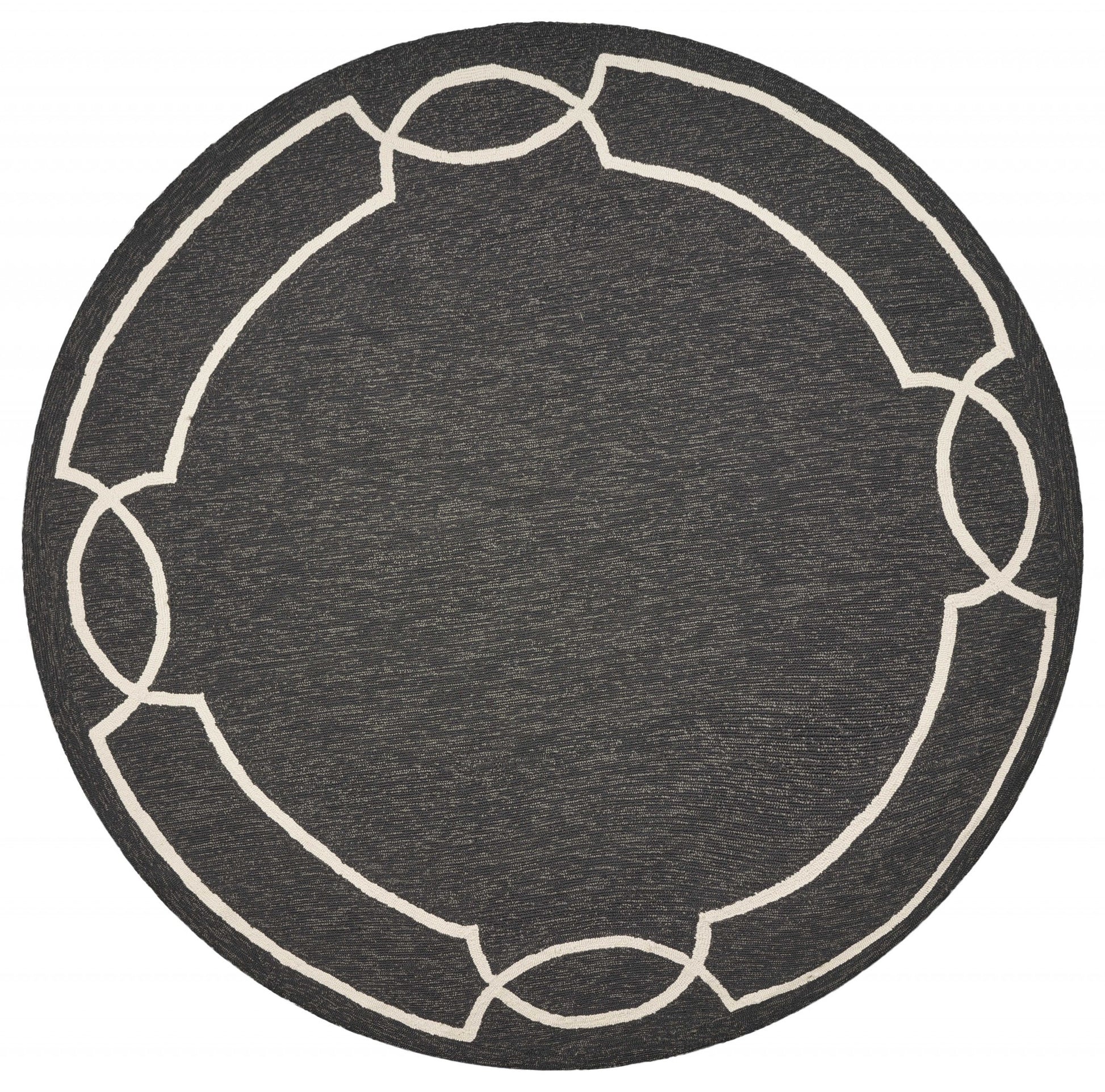 7' Onyx And Ivory Round Geometric Handmade Indoor Outdoor Area Rug-Outdoor Rugs-DECOROLALA