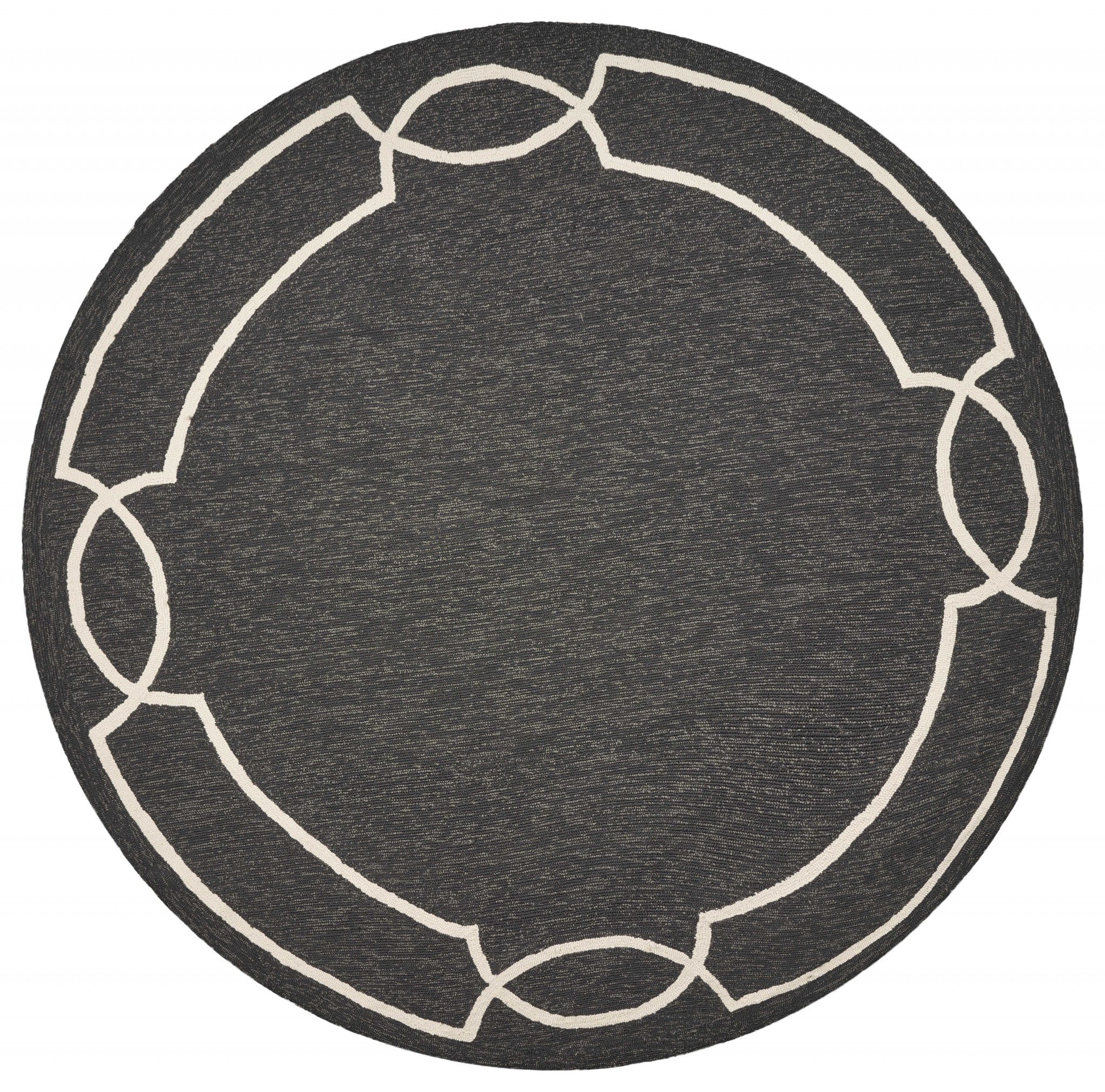 7' Onyx And Ivory Round Geometric Handmade Indoor Outdoor Area Rug-Outdoor Rugs-DECOROLALA