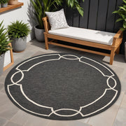 7' Onyx And Ivory Round Geometric Handmade Indoor Outdoor Area Rug-Outdoor Rugs-DECOROLALA