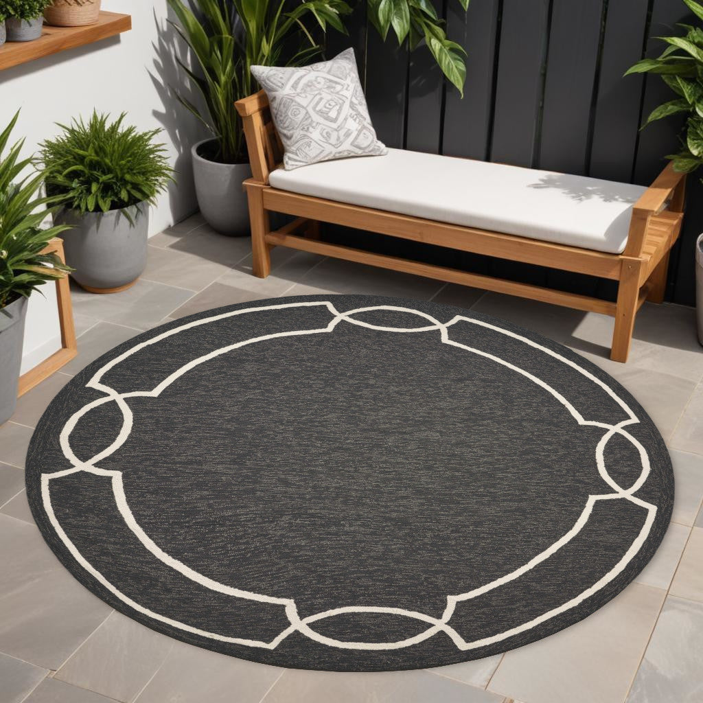 7' Onyx And Ivory Round Geometric Handmade Indoor Outdoor Area Rug-Outdoor Rugs-DECOROLALA