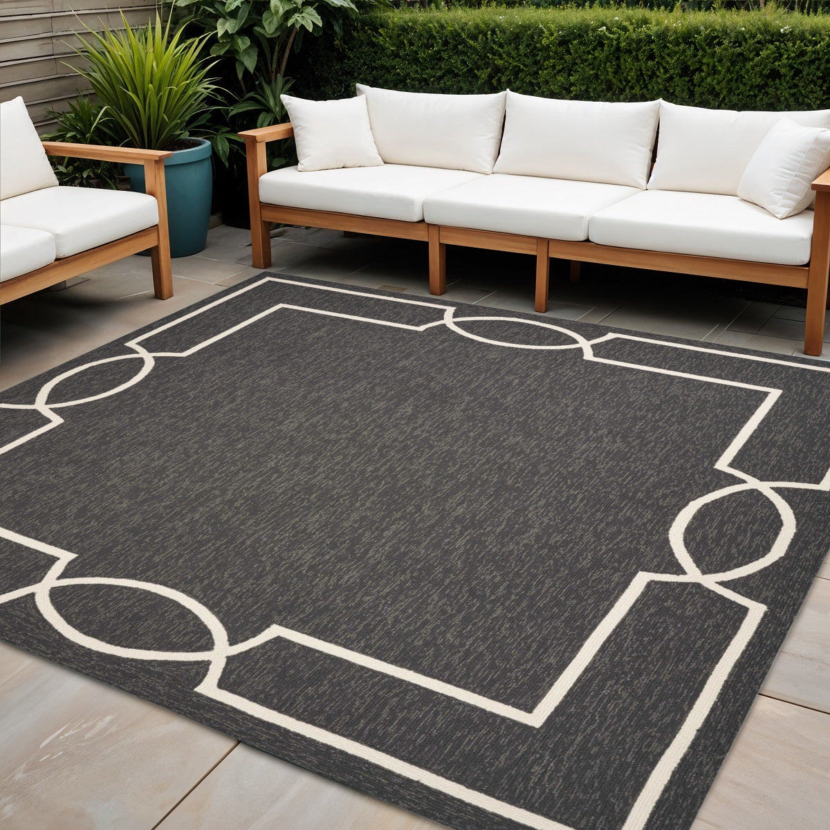 7' Onyx And White Square Geometric Handmade Indoor Outdoor Area Rug-Outdoor Rugs-DECOROLALA