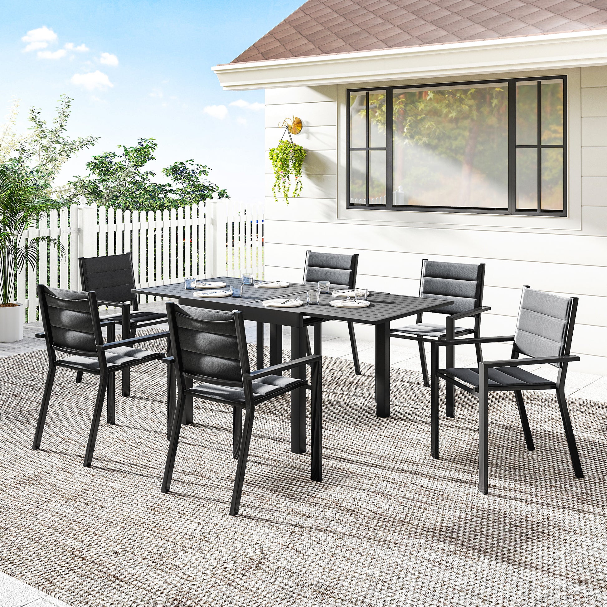 7-Piece Aluminum Expandable Patio Dining Set - Black-DECOROLALA