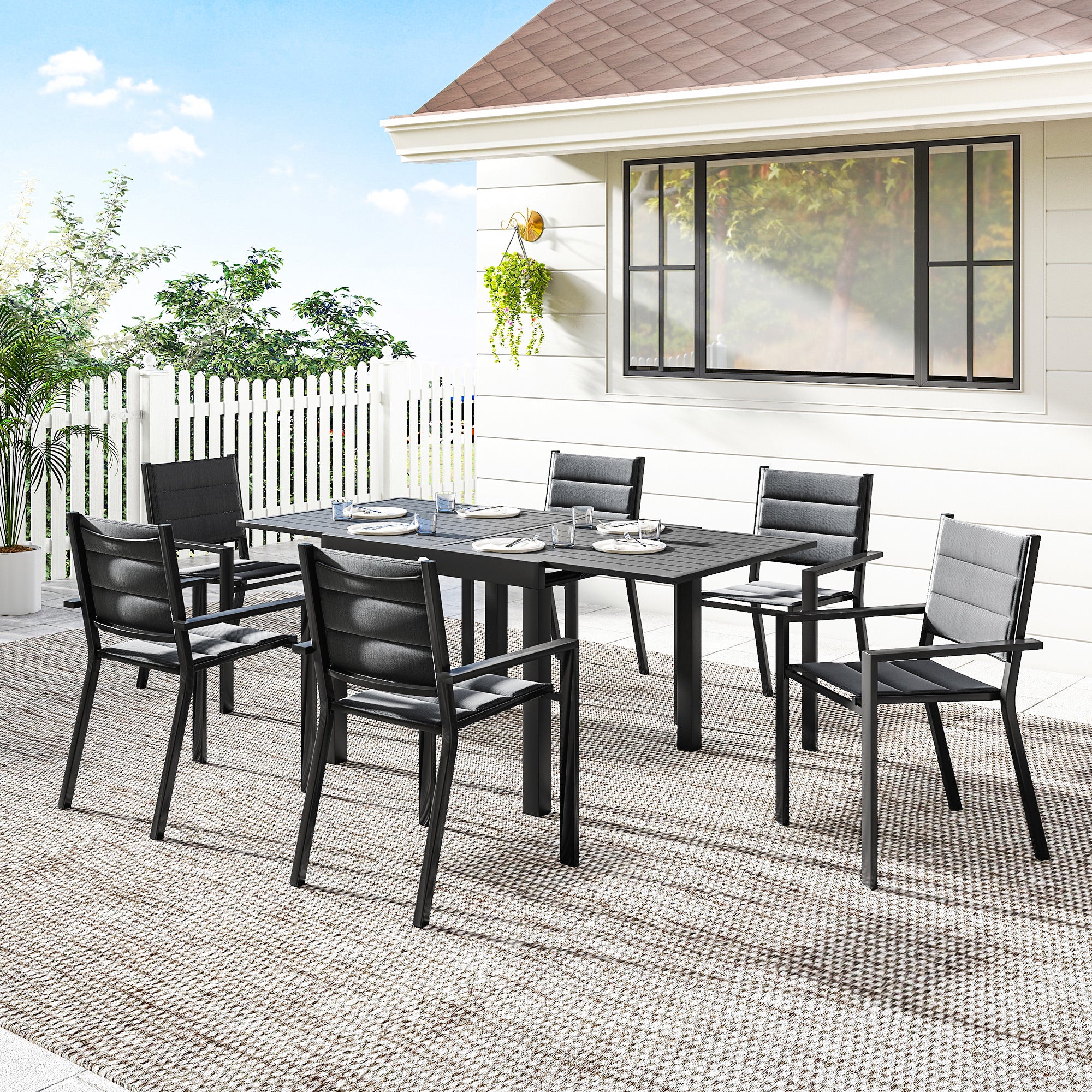 7-Piece Aluminum Expandable Patio Dining Set - Black-DECOROLALA