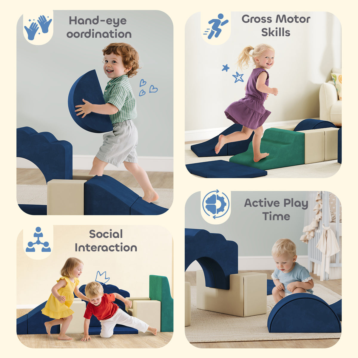 7-Piece Baby Soft Play Set, Indoor Soft Play Gym Activity Play Set for Crawling, Sliding and Playing, Navy-Toys & Games > Baby & Toddler Toys > Kids Gym & Playmats-DECOROLALA