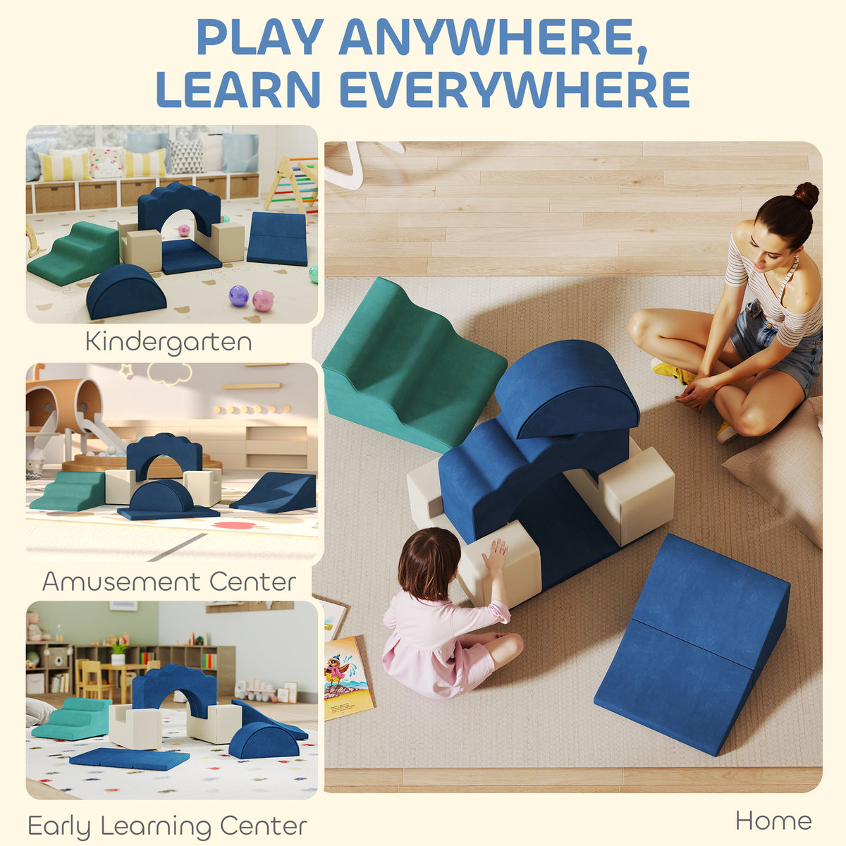 7-Piece Baby Soft Play Set, Indoor Soft Play Gym Activity Play Set for Crawling, Sliding and Playing, Navy-Toys & Games > Baby & Toddler Toys > Kids Gym & Playmats-DECOROLALA