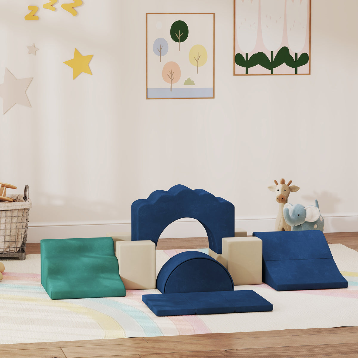 7-Piece Baby Soft Play Set, Indoor Soft Play Gym Activity Play Set for Crawling, Sliding and Playing, Navy-Toys & Games > Baby & Toddler Toys > Kids Gym & Playmats-DECOROLALA