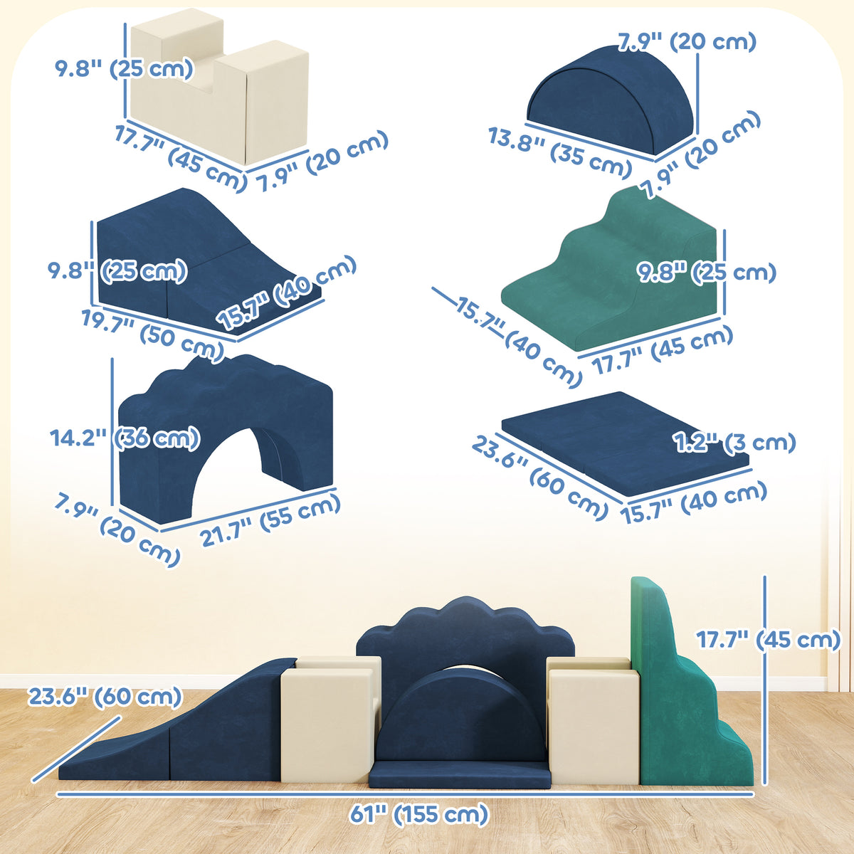 7-Piece Baby Soft Play Set, Indoor Soft Play Gym Activity Play Set for Crawling, Sliding and Playing, Navy-Toys & Games > Baby & Toddler Toys > Kids Gym & Playmats-DECOROLALA