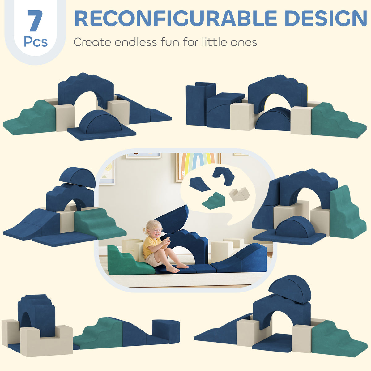 7-Piece Baby Soft Play Set, Indoor Soft Play Gym Activity Play Set for Crawling, Sliding and Playing, Navy-Toys & Games > Baby & Toddler Toys > Kids Gym & Playmats-DECOROLALA