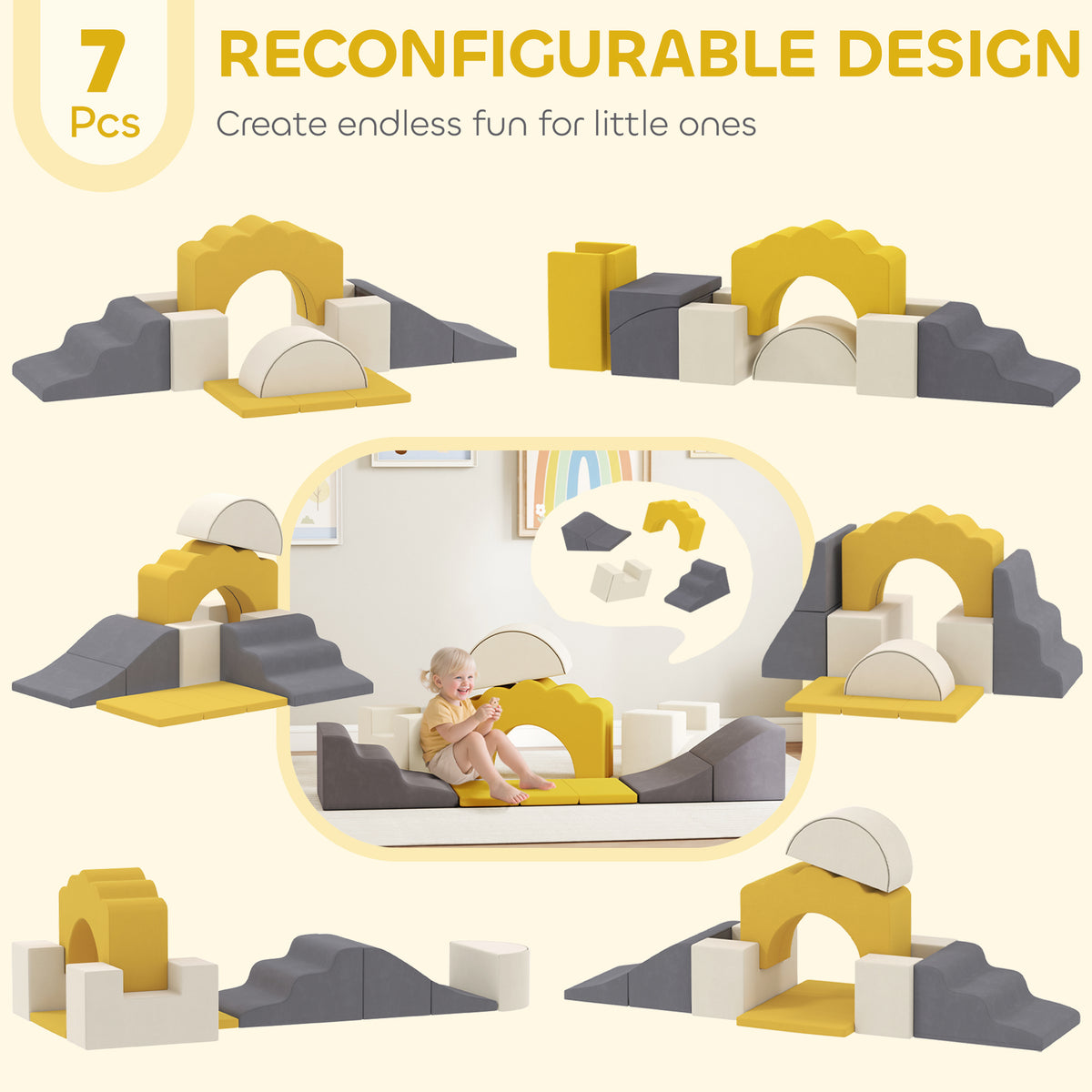 7-Piece Baby Soft Play Set, Indoor Soft Play Gym Activity Play Set for Crawling, Sliding and Playing, Navy-Toys & Games > Baby & Toddler Toys > Kids Gym & Playmats-DECOROLALA