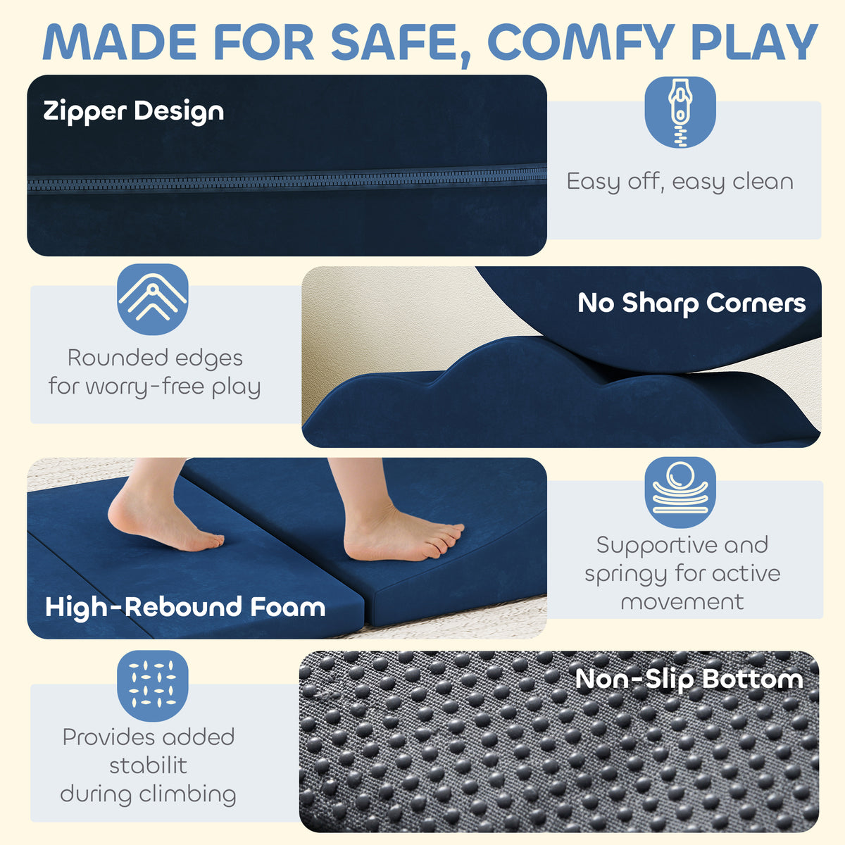 7-Piece Baby Soft Play Set, Indoor Soft Play Gym Activity Play Set for Crawling, Sliding and Playing, Navy-Toys & Games > Baby & Toddler Toys > Kids Gym & Playmats-DECOROLALA