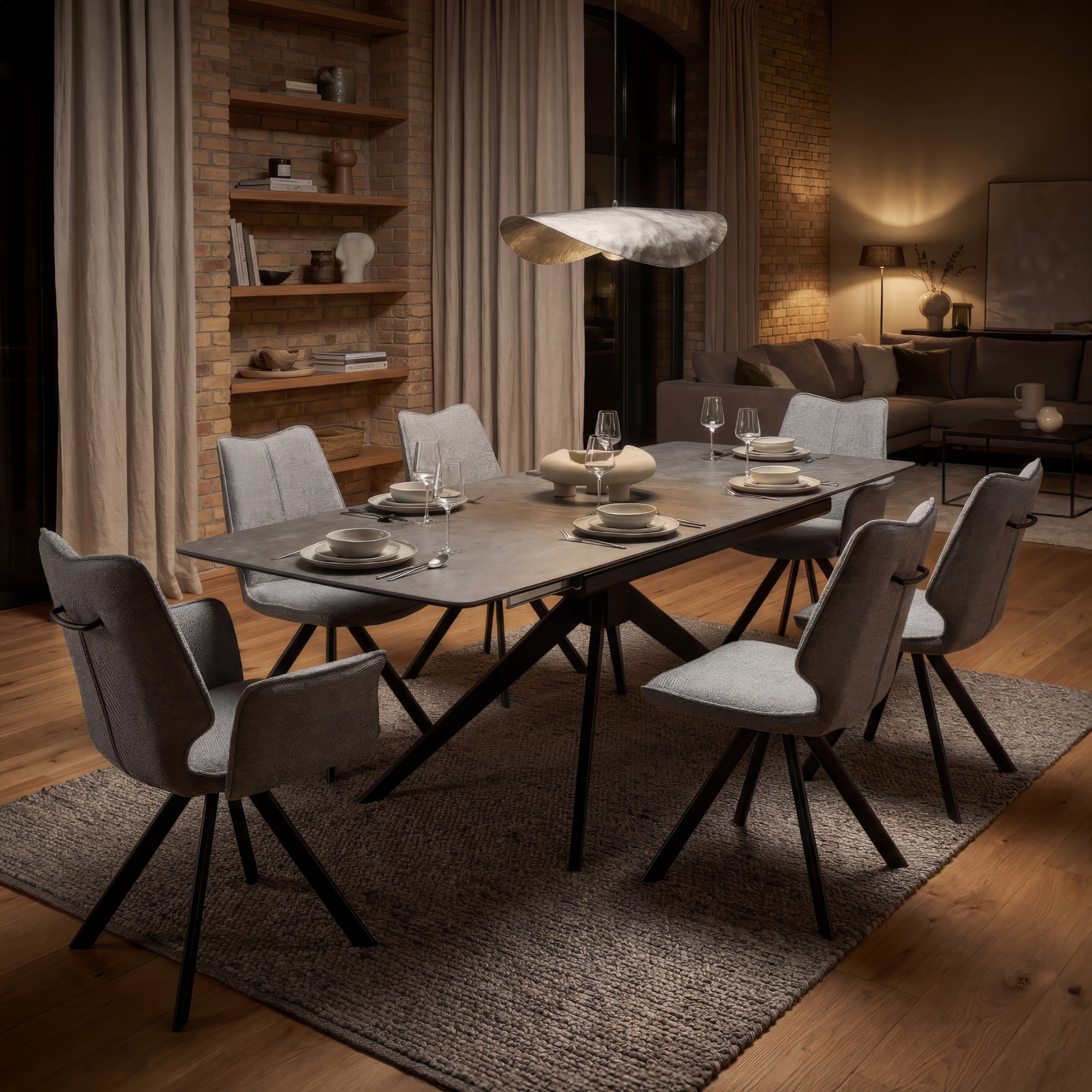 7-Piece Extendable Dining Set - Ceramic Glass & Grey Fabric-Dining Set-DECOROLALA
