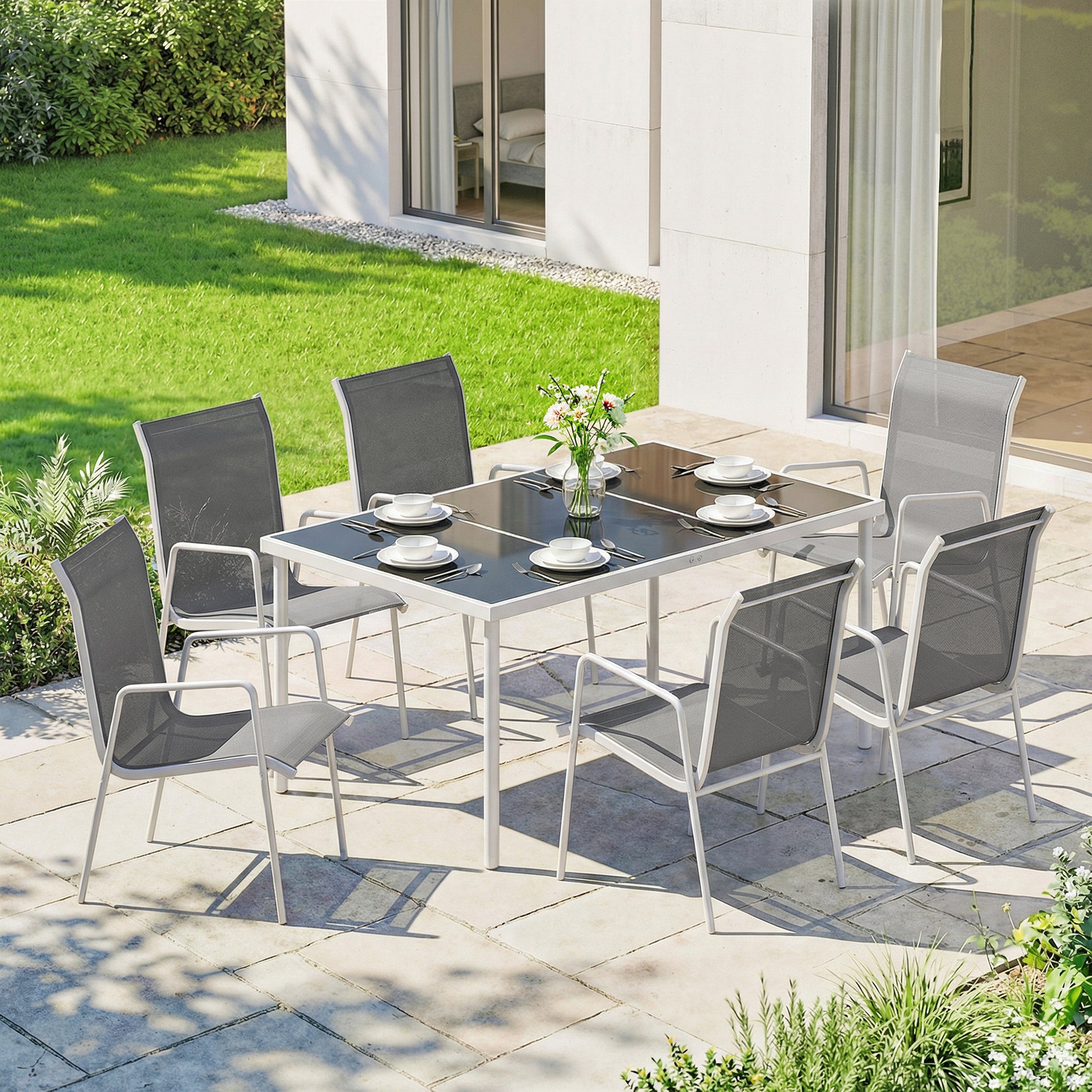 7-Piece Garden Dining Set - Grey Metal Mesh-DECOROLALA