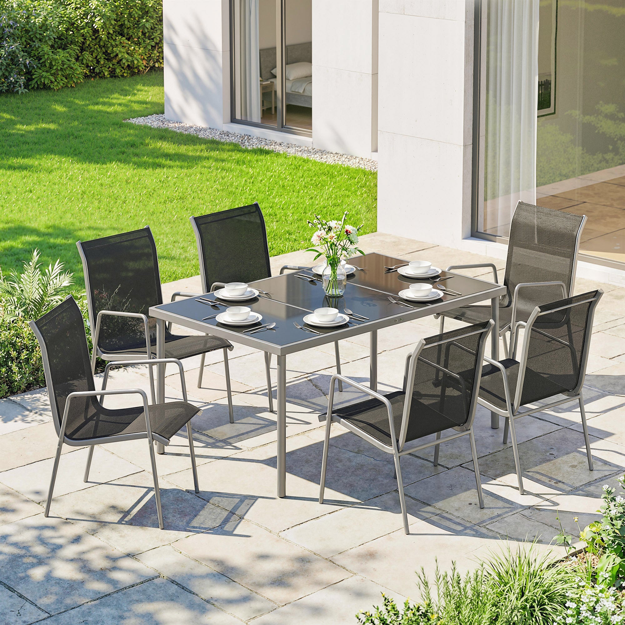 7-Piece Garden Dining Set - Grey Metal Mesh-DECOROLALA