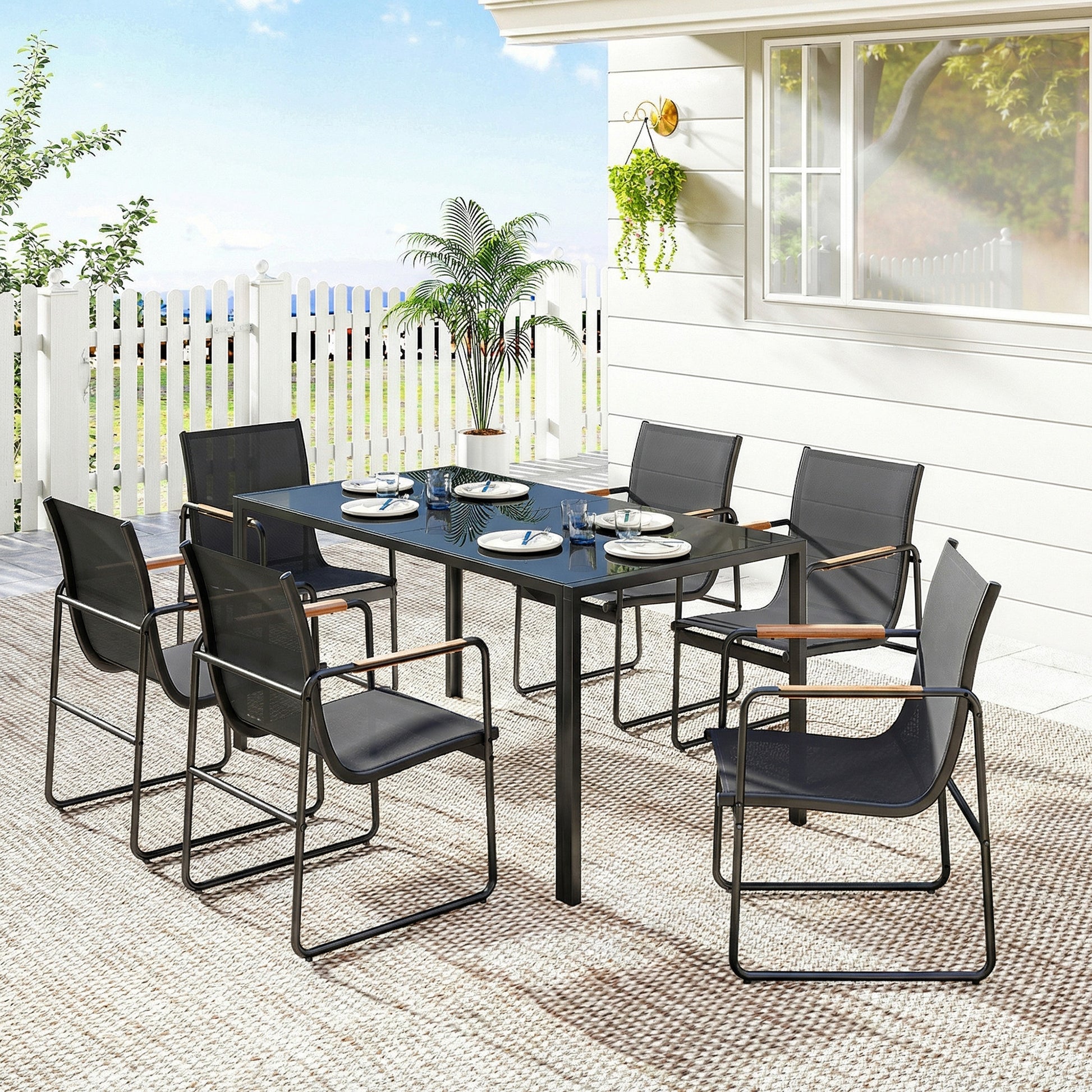 7-Piece Outdoor Dining Set - 6 Mesh Chairs & Glass Table-DECOROLALA