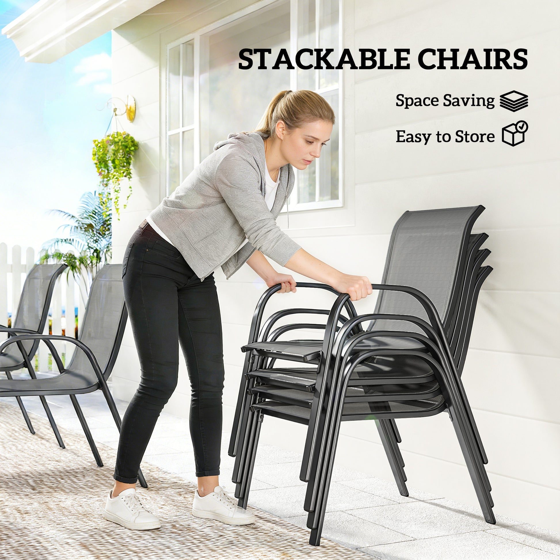 7-Piece Outdoor Dining Set - 6 Stackable Chairs Light Grey-DECOROLALA