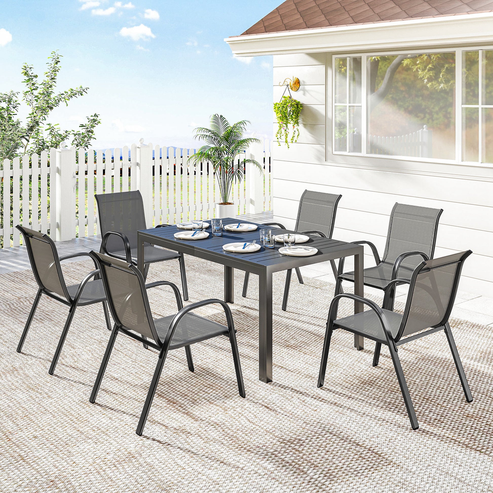 7-Piece Outdoor Dining Set - 6 Stackable Chairs Light Grey-DECOROLALA