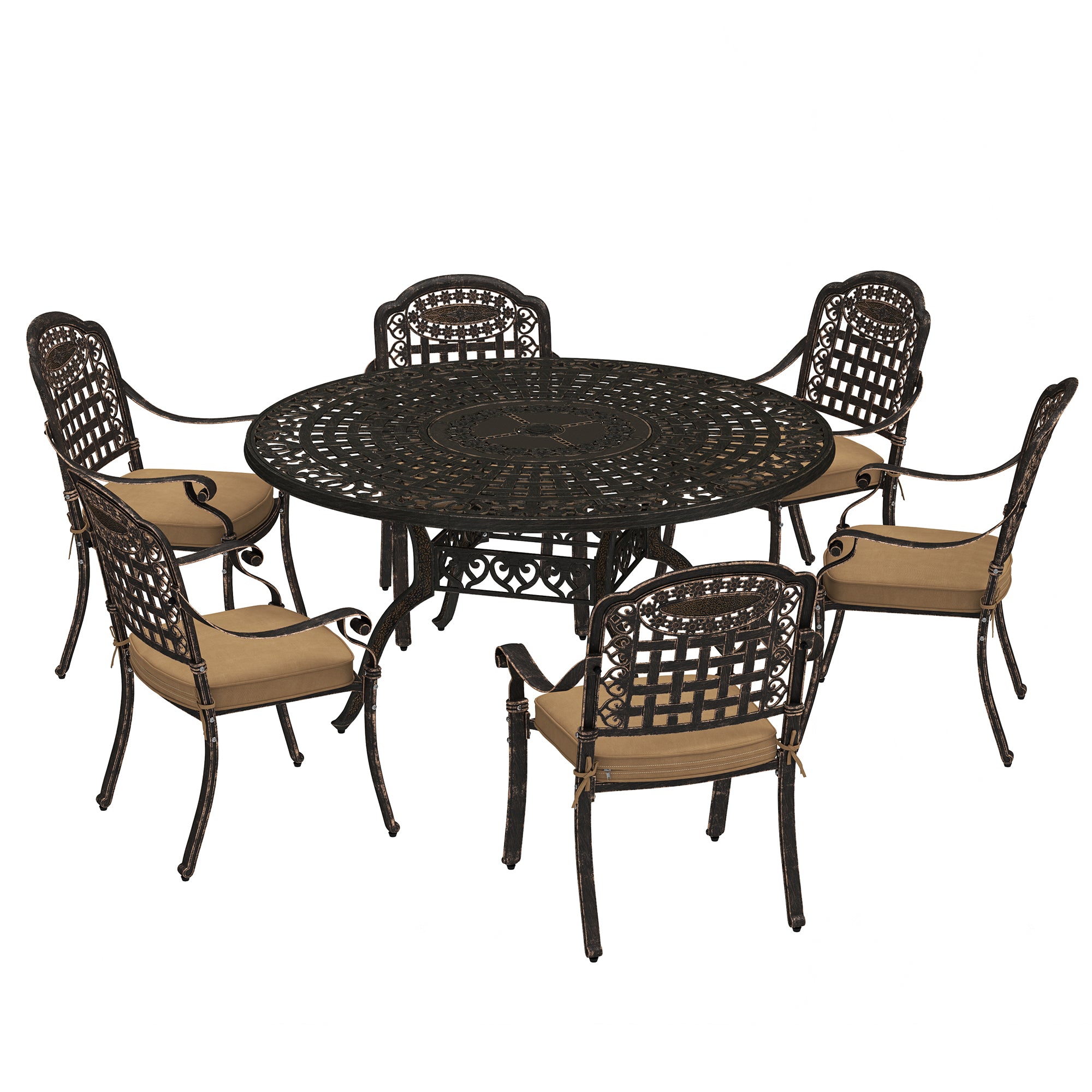 7-Piece Outdoor Dining Set, Aluminum Patio Table & Chairs with Umbrella Hole, Bronze Cushions-DECOROLALA