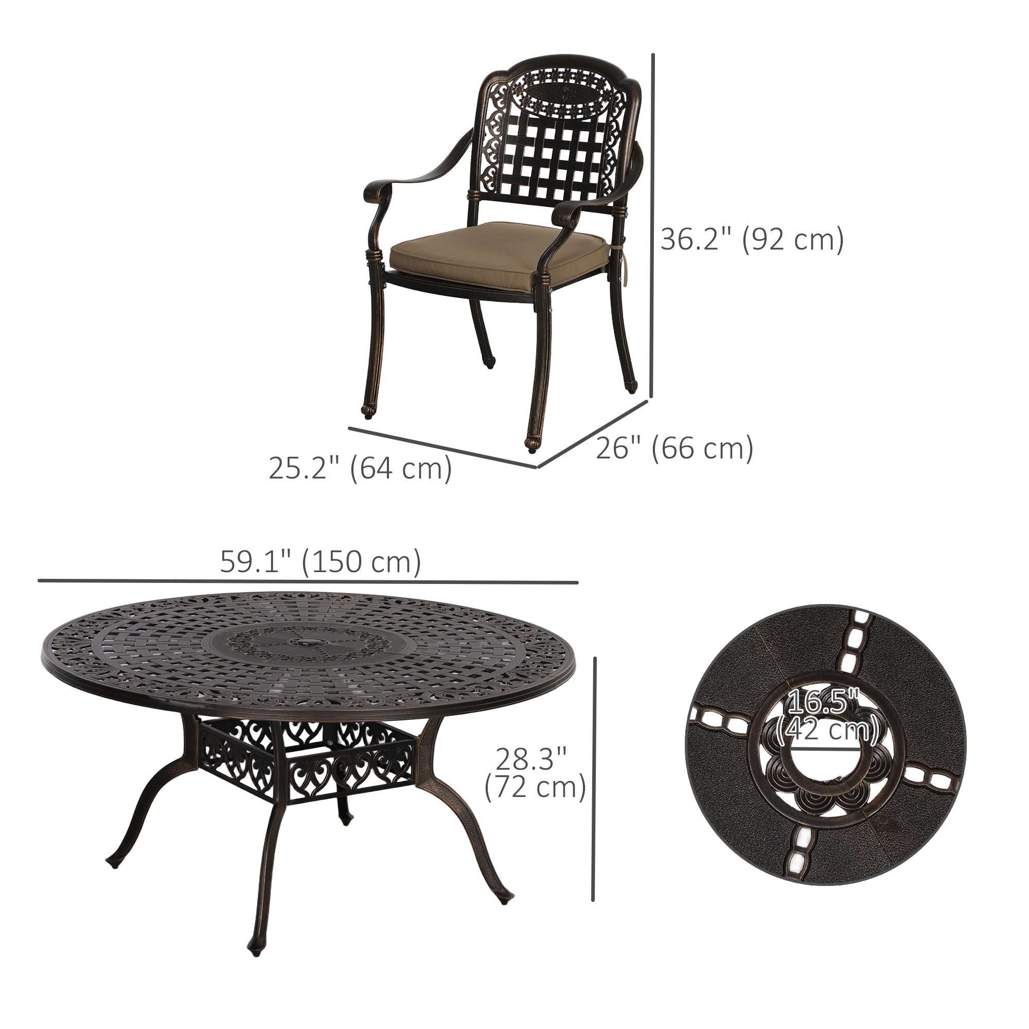 7-Piece Outdoor Dining Set, Aluminum Patio Table & Chairs with Umbrella Hole, Bronze Cushions-DECOROLALA
