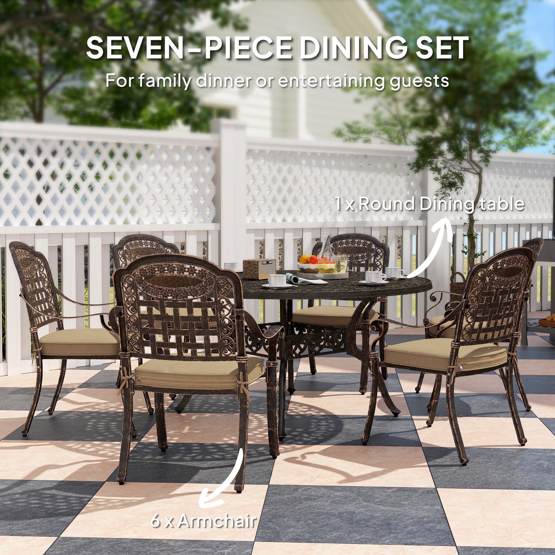 7-Piece Outdoor Dining Set, Aluminum Patio Table & Chairs with Umbrella Hole, Bronze Cushions-DECOROLALA