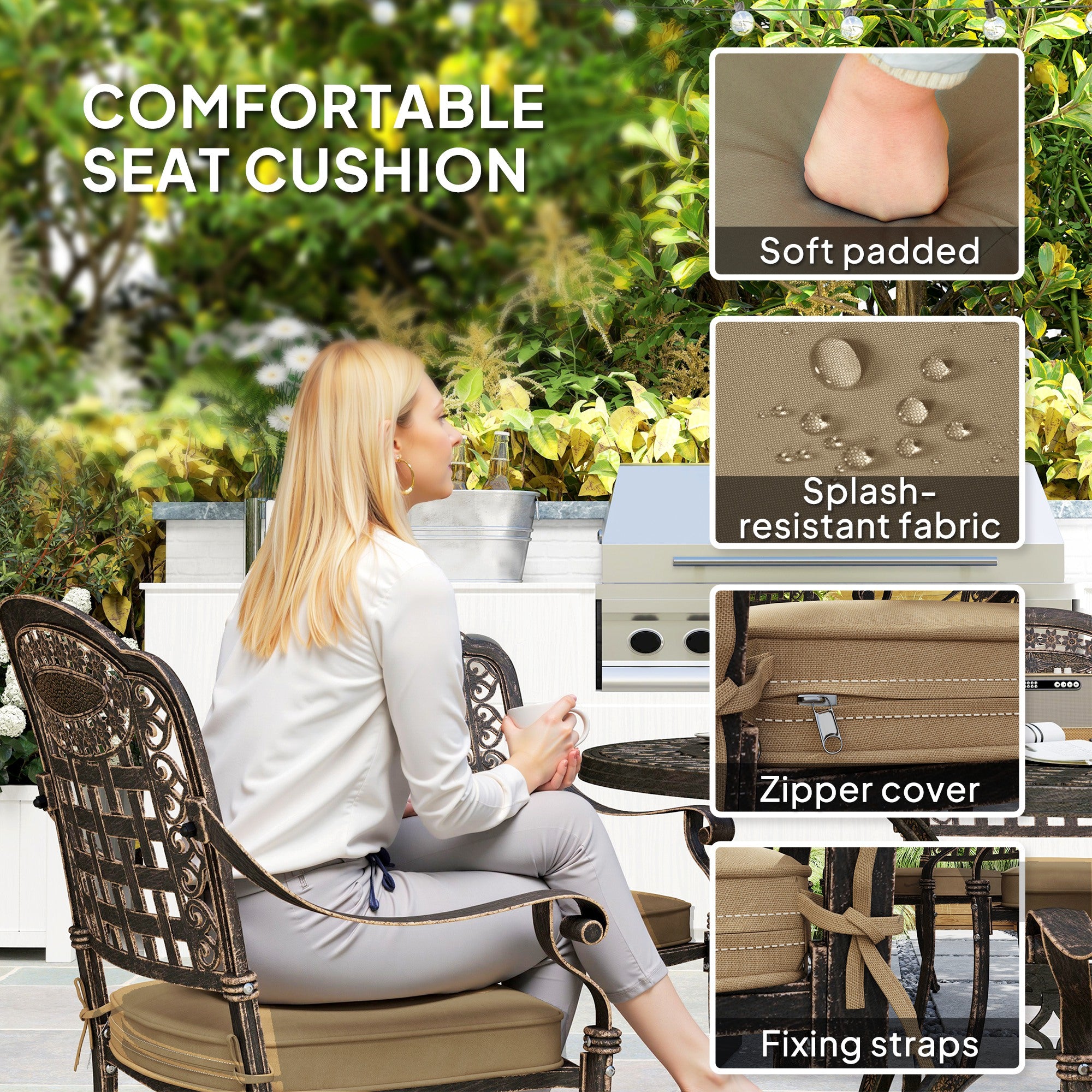 7-Piece Outdoor Dining Set, Aluminum Patio Table & Chairs with Umbrella Hole, Bronze Cushions-DECOROLALA