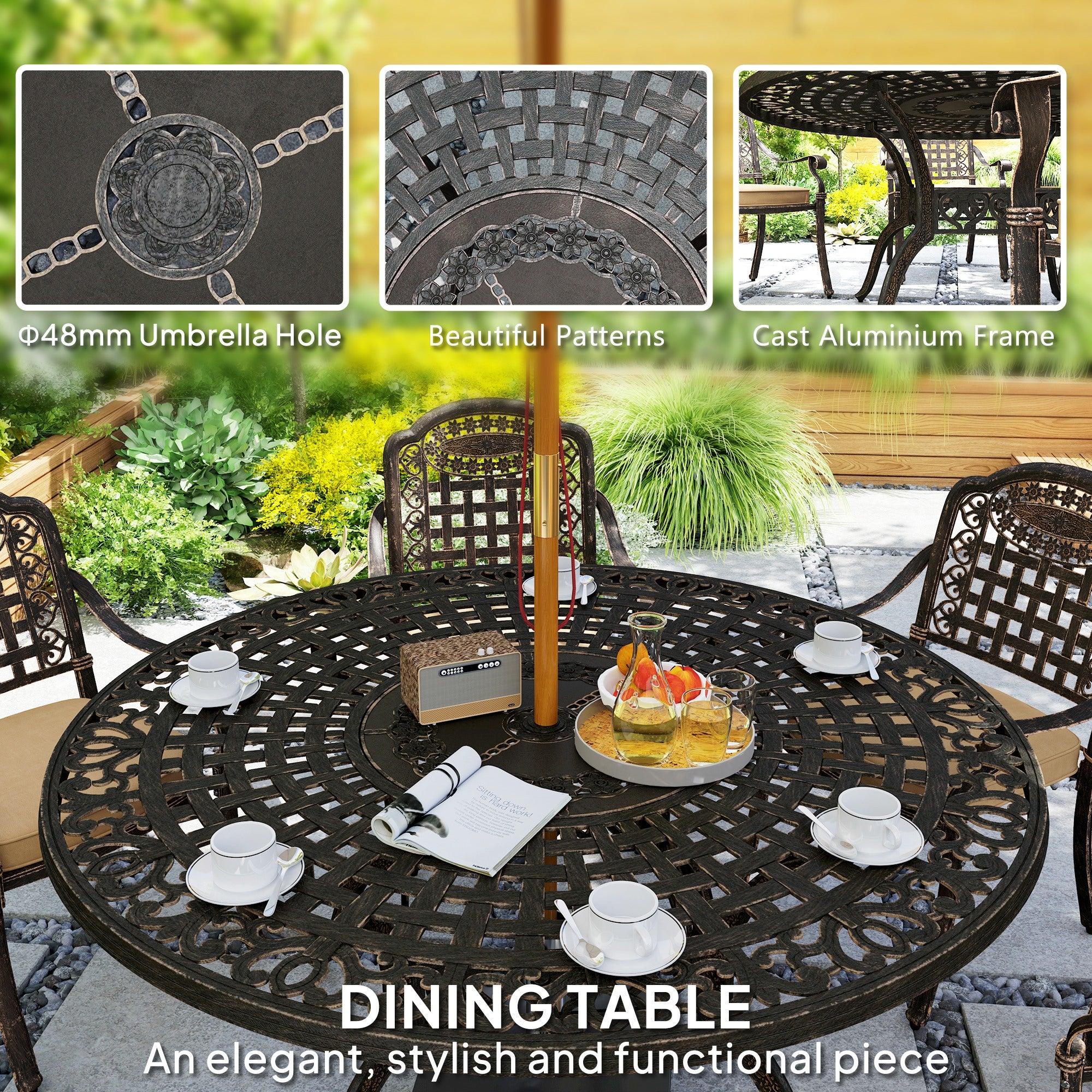 7-Piece Outdoor Dining Set, Aluminum Patio Table & Chairs with Umbrella Hole, Bronze Cushions-DECOROLALA