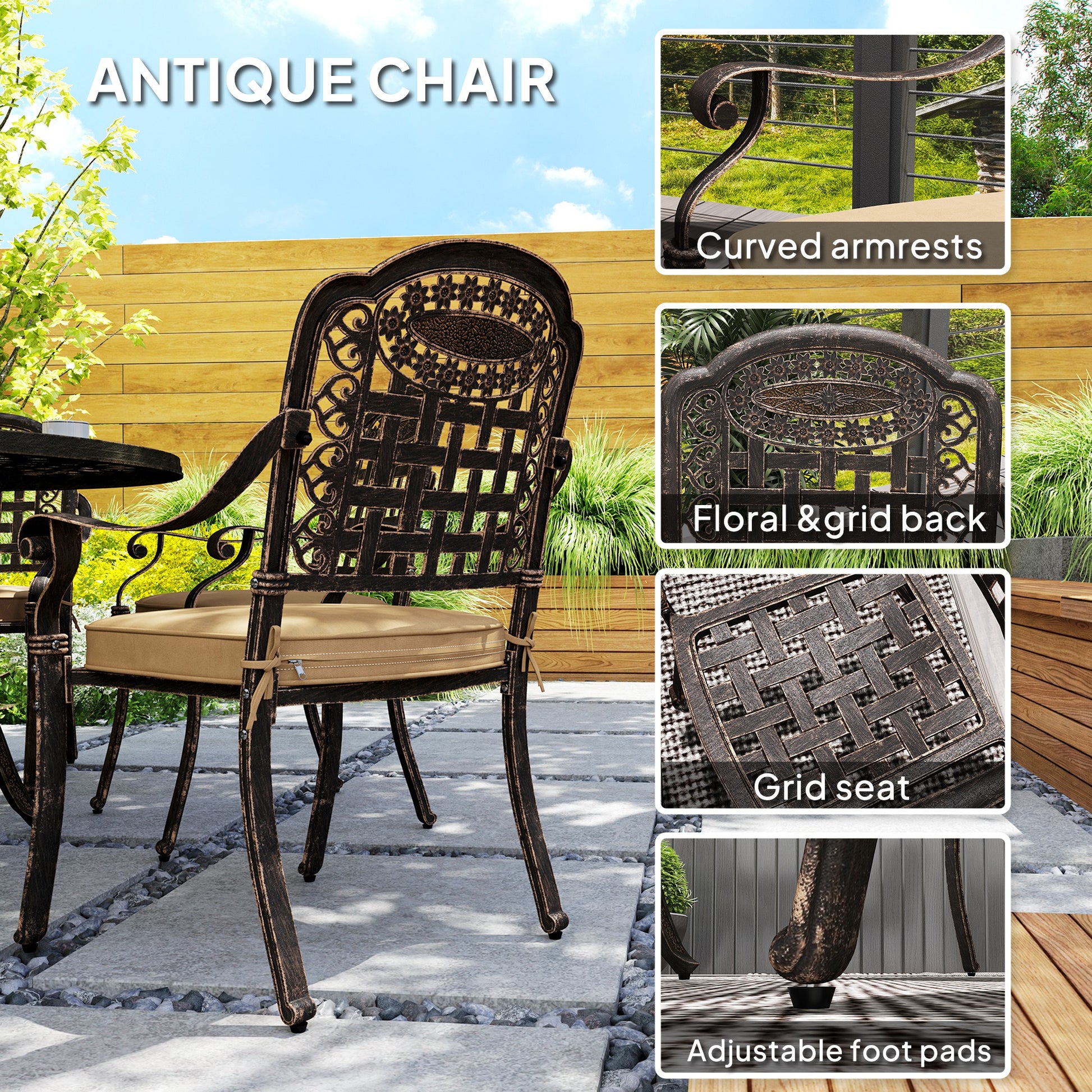 7-Piece Outdoor Dining Set, Aluminum Patio Table & Chairs with Umbrella Hole, Bronze Cushions-DECOROLALA