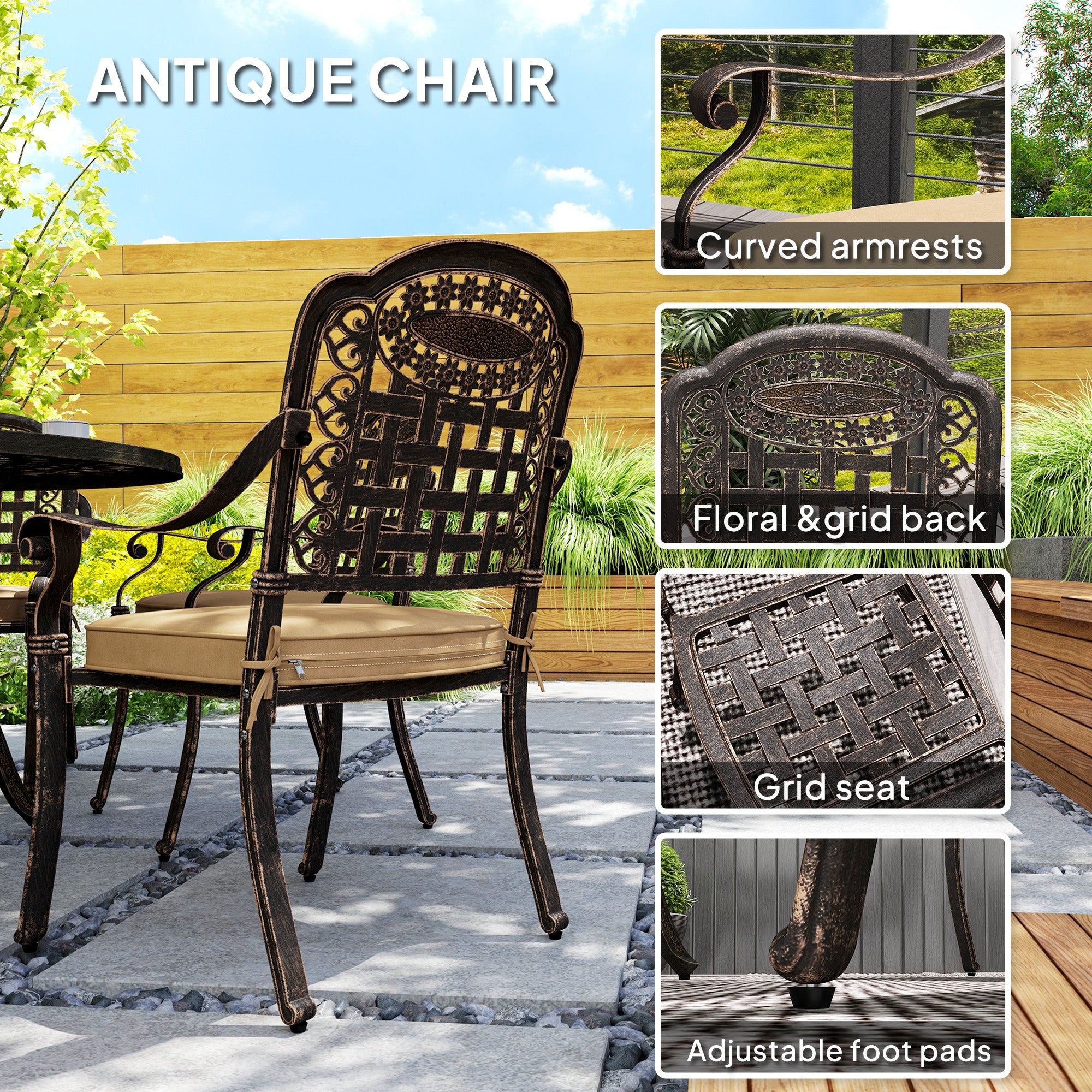 7-Piece Outdoor Dining Set, Aluminum Patio Table & Chairs with Umbrella Hole, Bronze Cushions-DECOROLALA