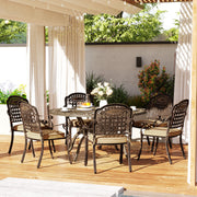 7-Piece Outdoor Dining Set, Aluminum Patio Table & Chairs with Umbrella Hole, Bronze Cushions-DECOROLALA