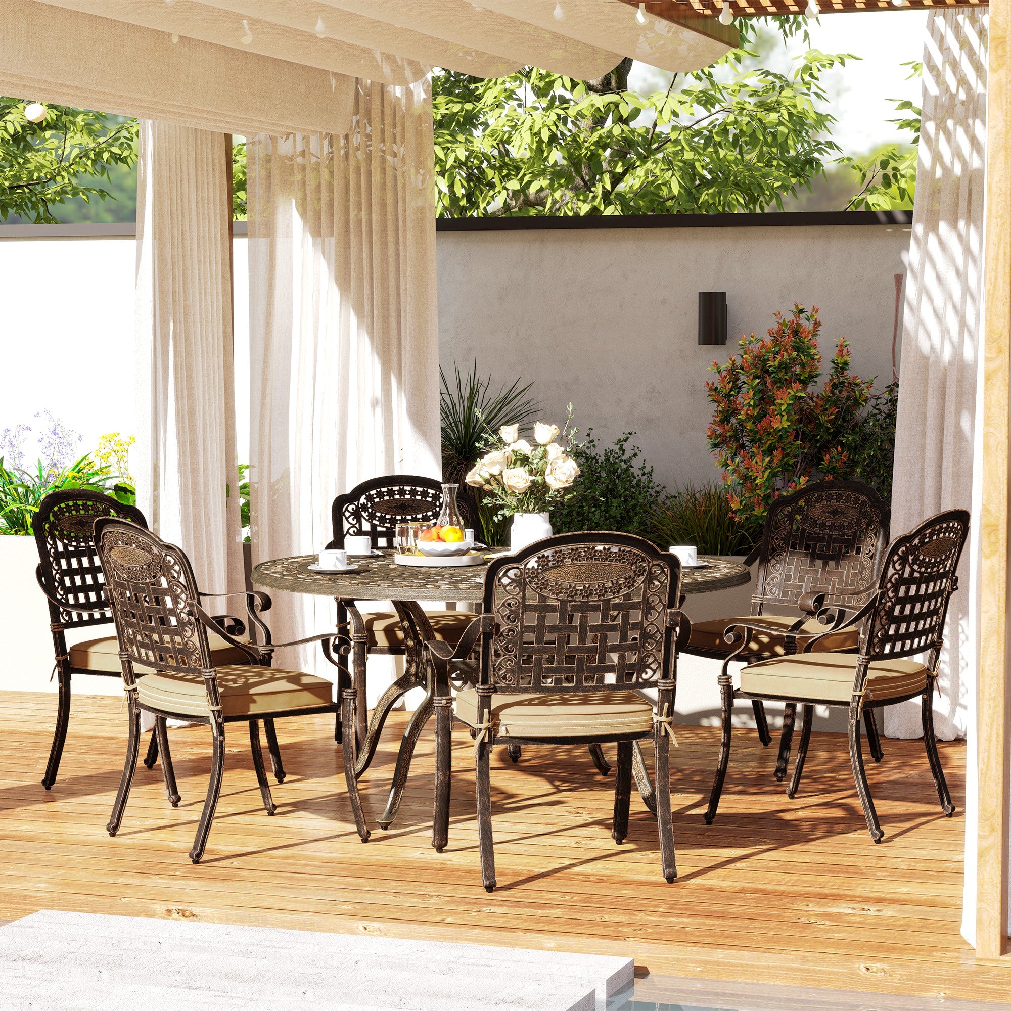 7-Piece Outdoor Dining Set, Aluminum Patio Table & Chairs with Umbrella Hole, Bronze Cushions-DECOROLALA