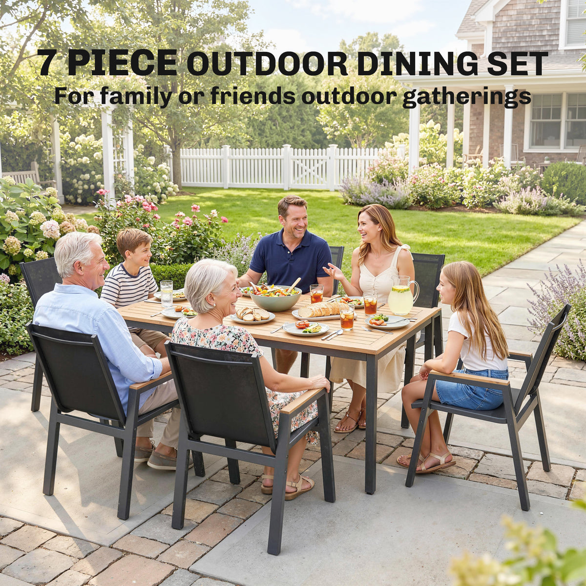 7 Piece Outdoor Dining Set - Black Metal-Patio Dining Sets-DECOROLALA