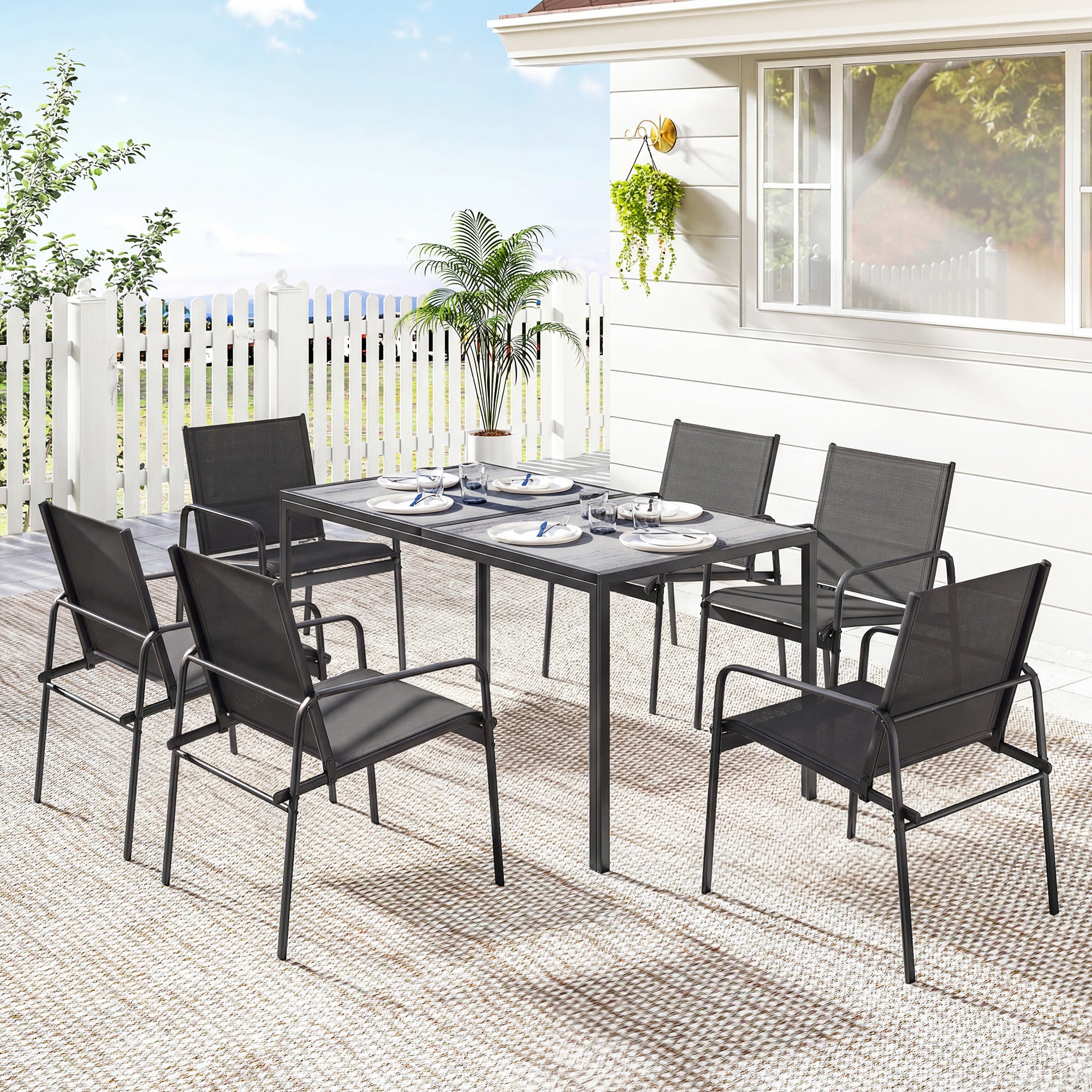 7-Piece Outdoor Dining Set - Faux Wood Table & 6 Chairs-DECOROLALA