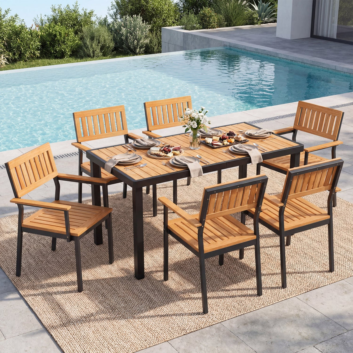 7-Piece Outdoor Dining Set for 6 with Acacia Table & Armchairs and Umbrella Hole-Patio Dining Sets-DECOROLALA