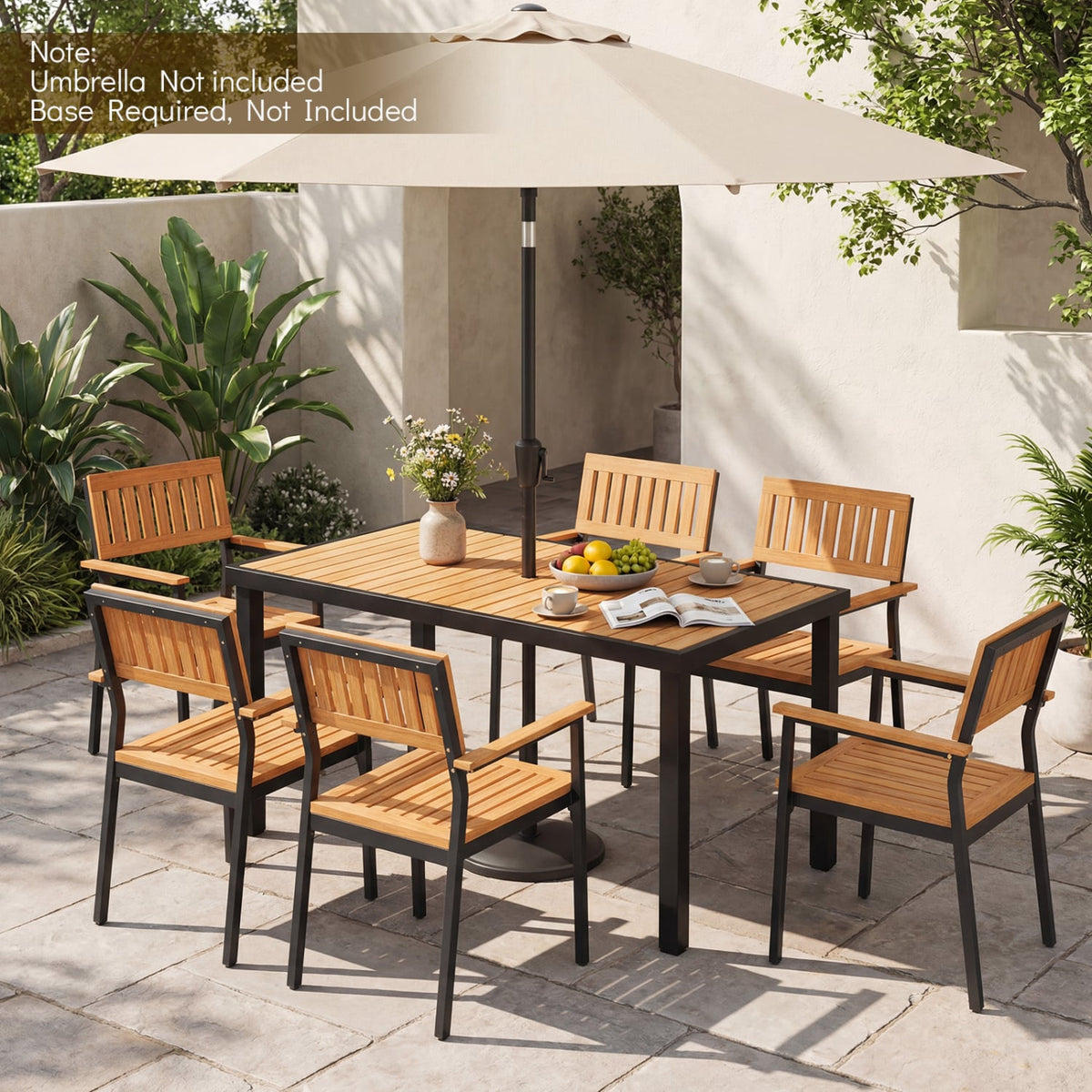 7-Piece Outdoor Dining Set for 6 with Acacia Table & Armchairs and Umbrella Hole-Patio Dining Sets-DECOROLALA