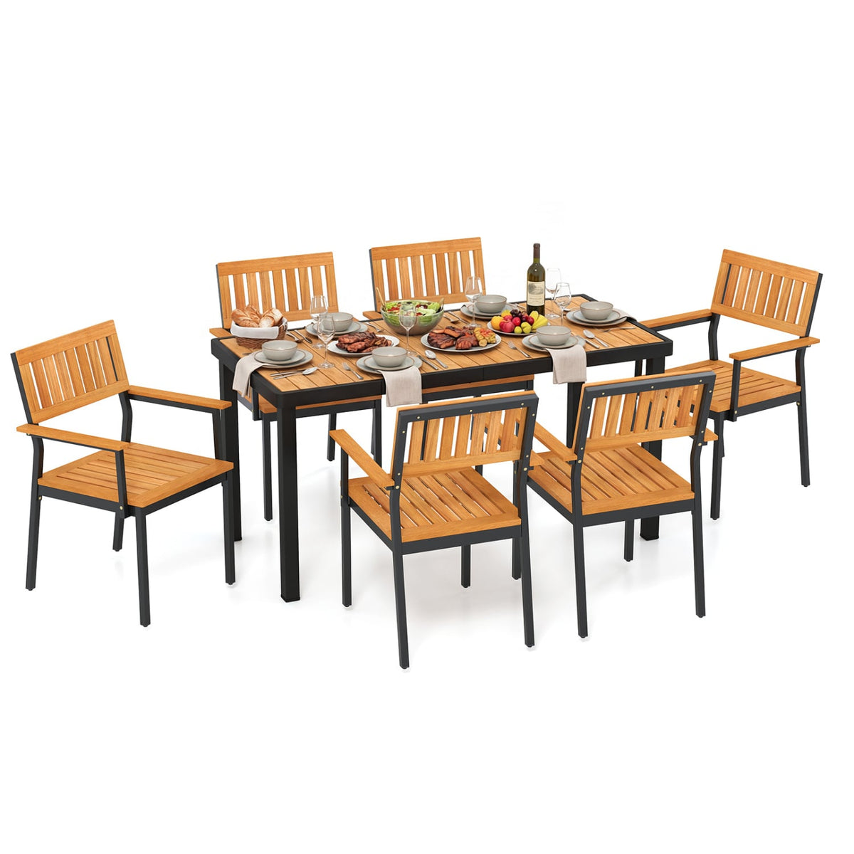 7-Piece Outdoor Dining Set for 6 with Acacia Table & Armchairs and Umbrella Hole-Patio Dining Sets-DECOROLALA