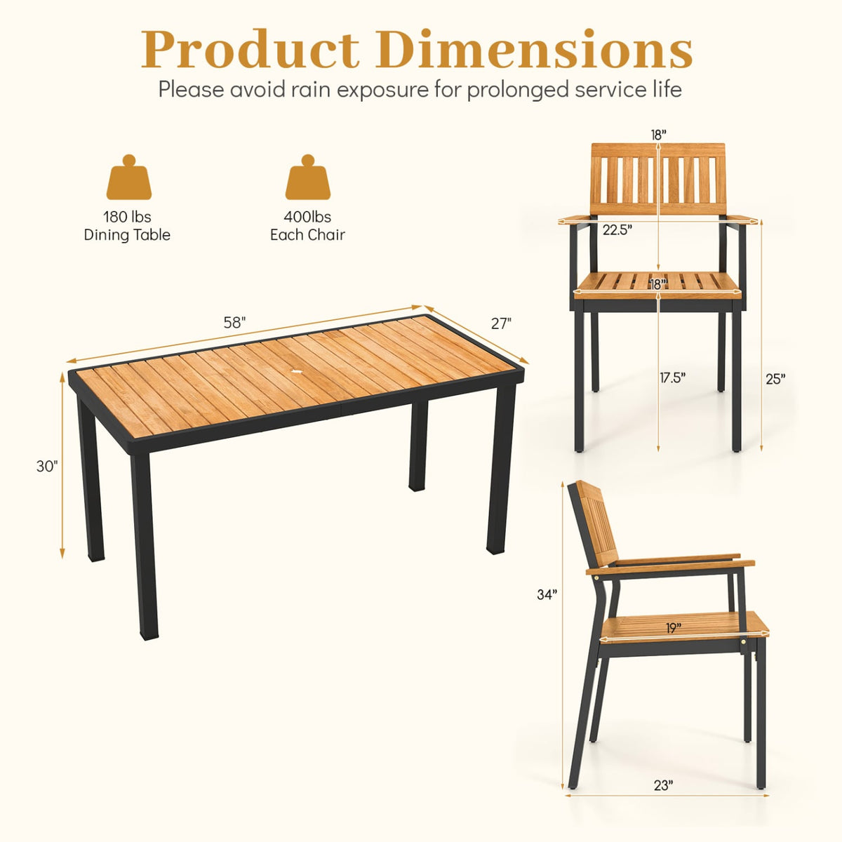 7-Piece Outdoor Dining Set for 6 with Acacia Table & Armchairs and Umbrella Hole-Patio Dining Sets-DECOROLALA