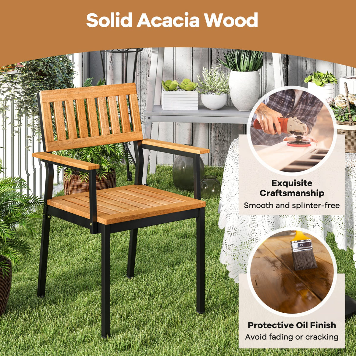 7-Piece Outdoor Dining Set for 6 with Acacia Table & Armchairs and Umbrella Hole-Patio Dining Sets-DECOROLALA