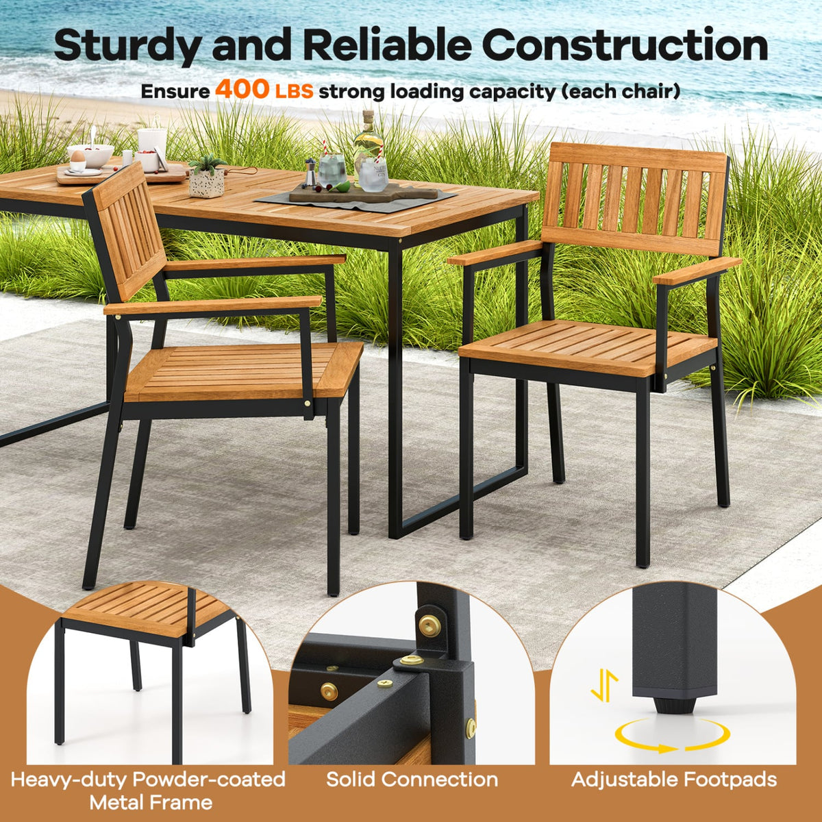 7-Piece Outdoor Dining Set for 6 with Acacia Table & Armchairs and Umbrella Hole-Patio Dining Sets-DECOROLALA